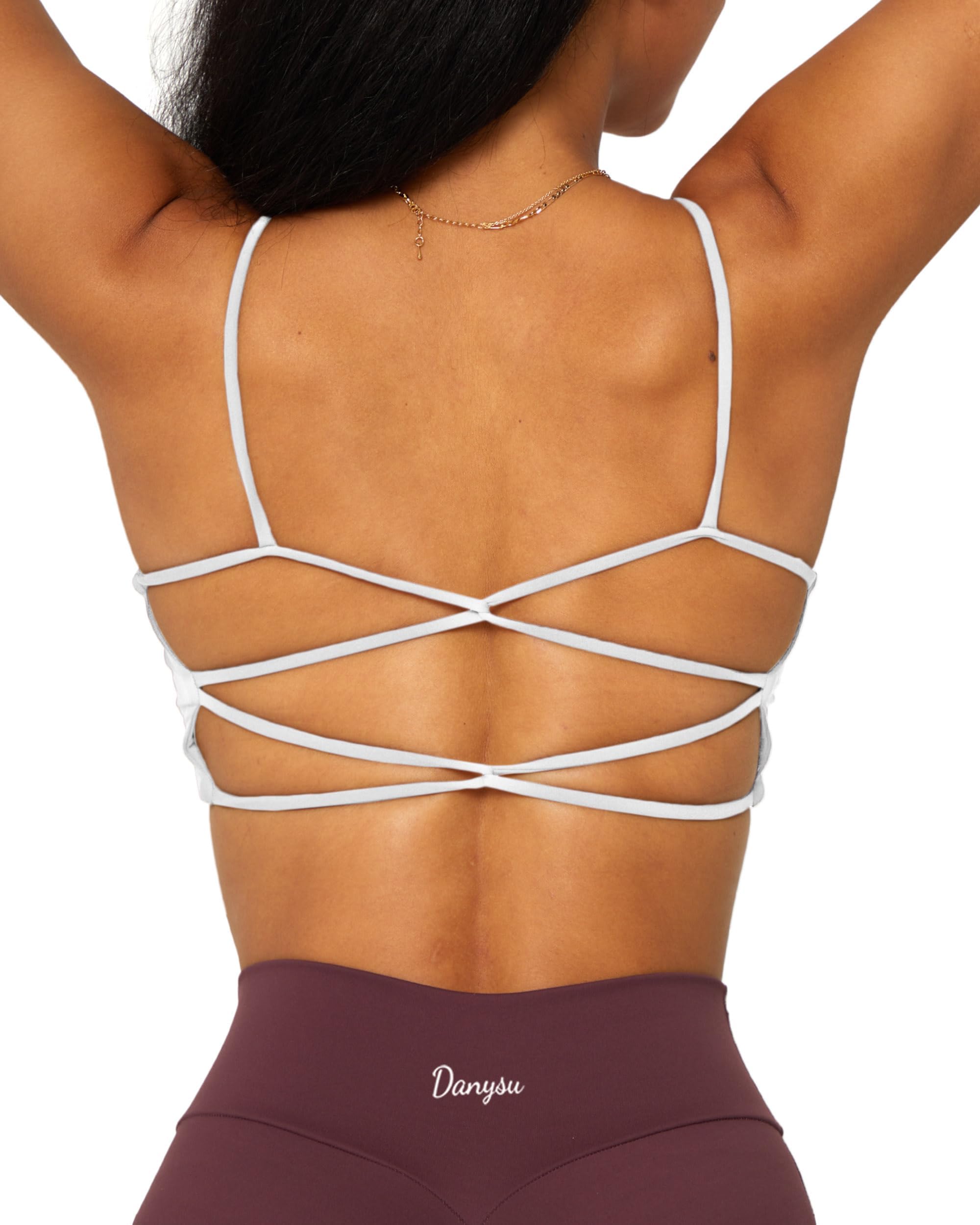 Danysu Backless Sports Bra Buttery Soft Workout Tops with Removable Padded Yoga Training Bras Strappy Going Out Top