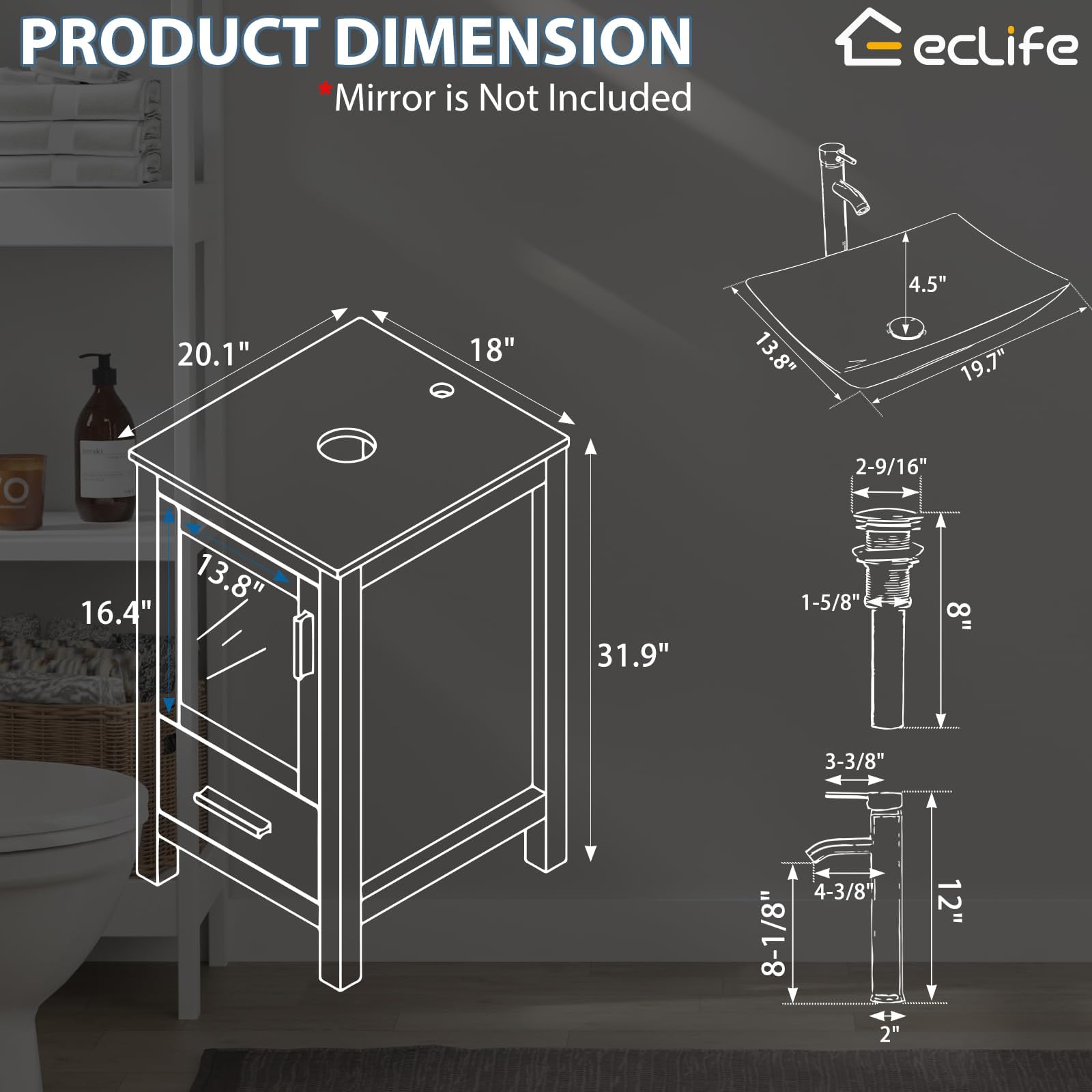 Condition photo showing Good Condition for eclife 18" small bathroom vanity sink combo modern freestanding cabinet w/matte glass door & drawer, white (without sink)