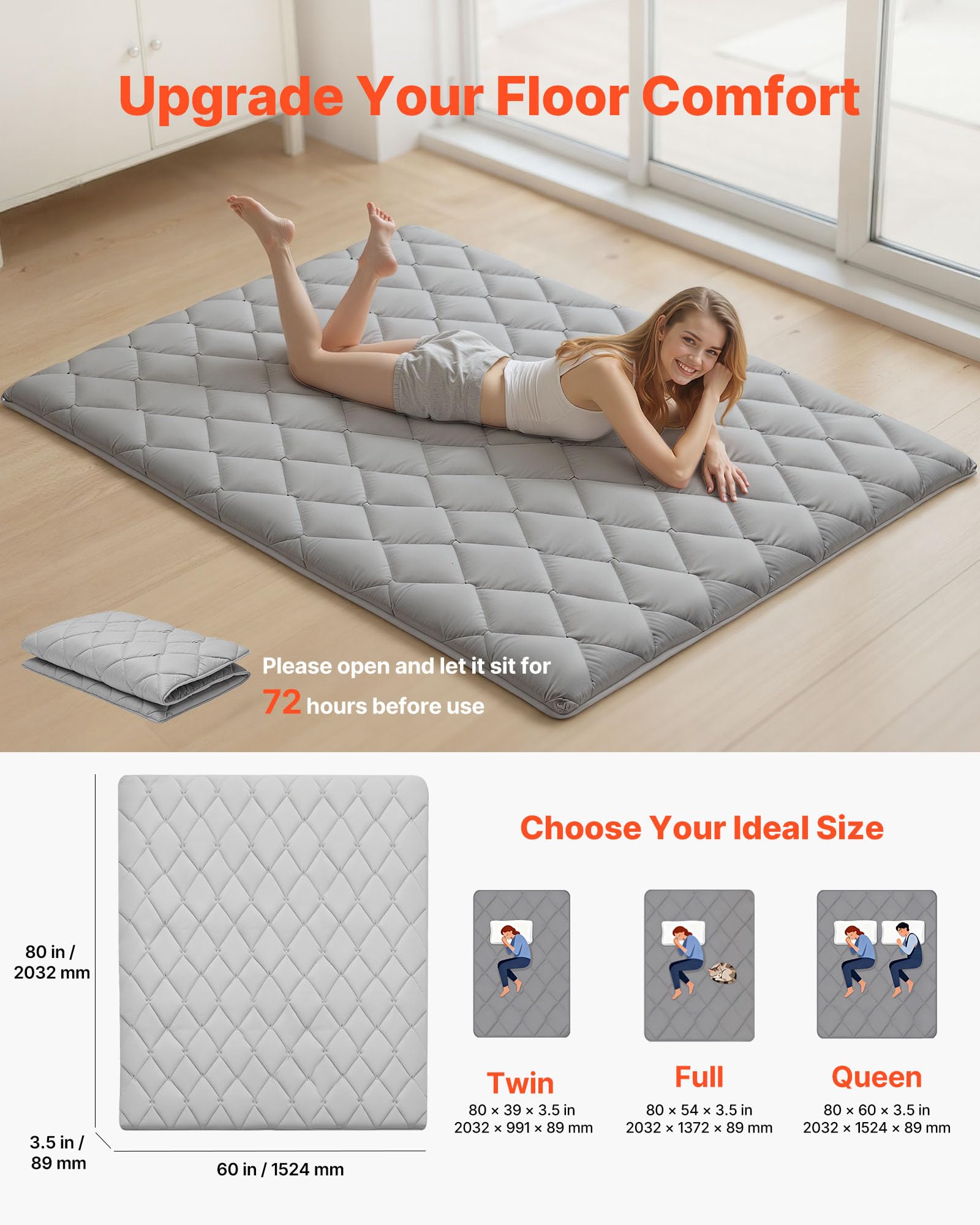 VEVOR Tappeto tatami giapponese materasso futon pieghevole con borsa portaoggetti e fissaggio, tappetino a 9 strati per dormire, dormitorio, meditazione, yoga