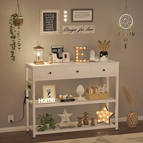 Miniatura 77 de Ecoprsio Mesa de entrada de 47 pulgadas con salidas y puertos USB, mesa consola con 3 cajones, mesa de sofá estrecha larga con estantes de Marrón