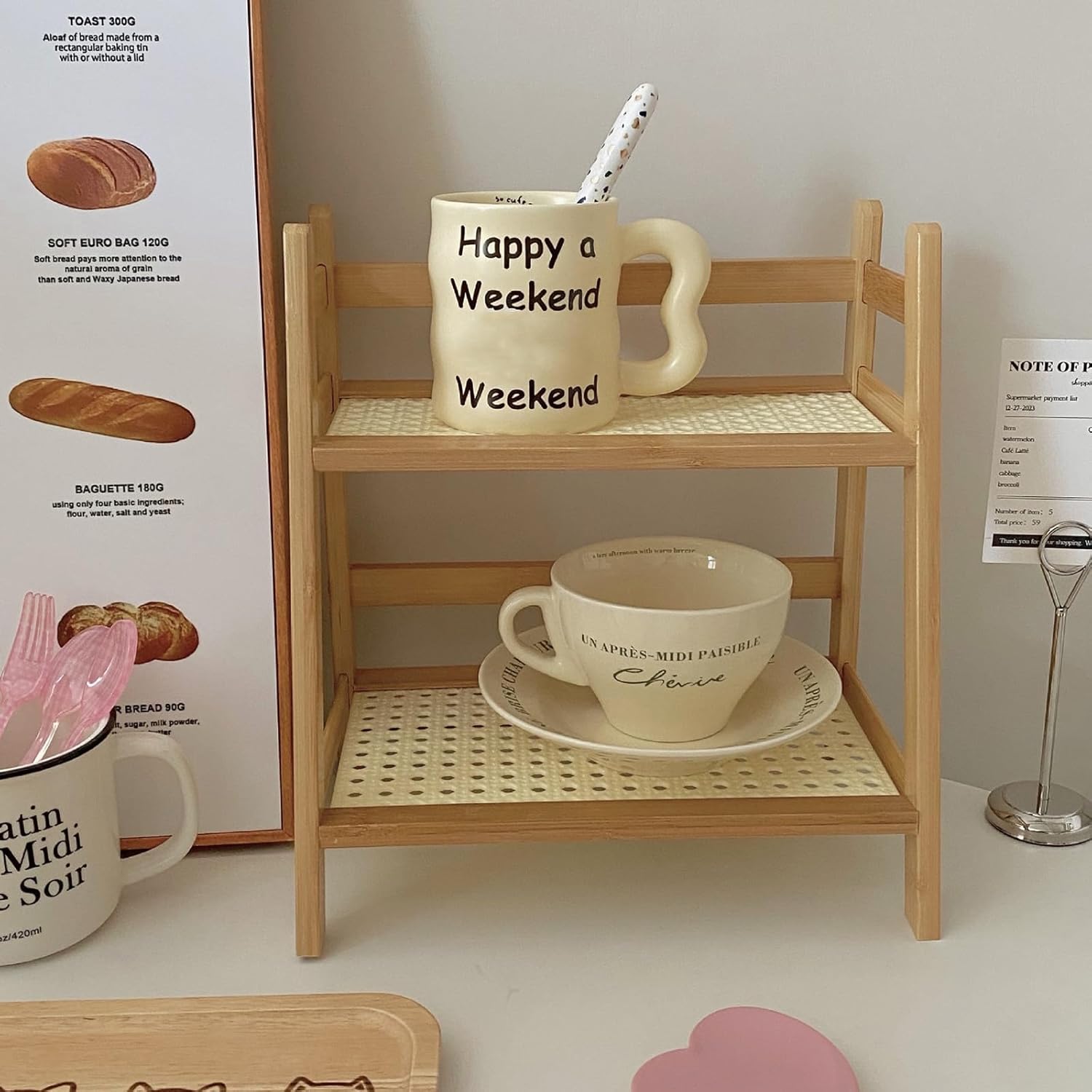 Lovskoo Desktop Storage Rack holding a mug with 'Happy a Weekend' and a cup with saucer.