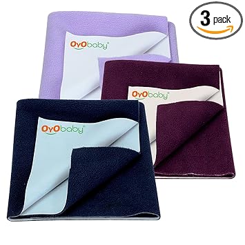 OYO BABY Anti-Piling Fleece Extra Absorbent Instant Dry Sheet for Baby, Baby Bed Protector, Waterproof Sheet, Medium Size 100 x 70cm, Pack of 3, Dark Blue, Plum & Voilet - image, photos
