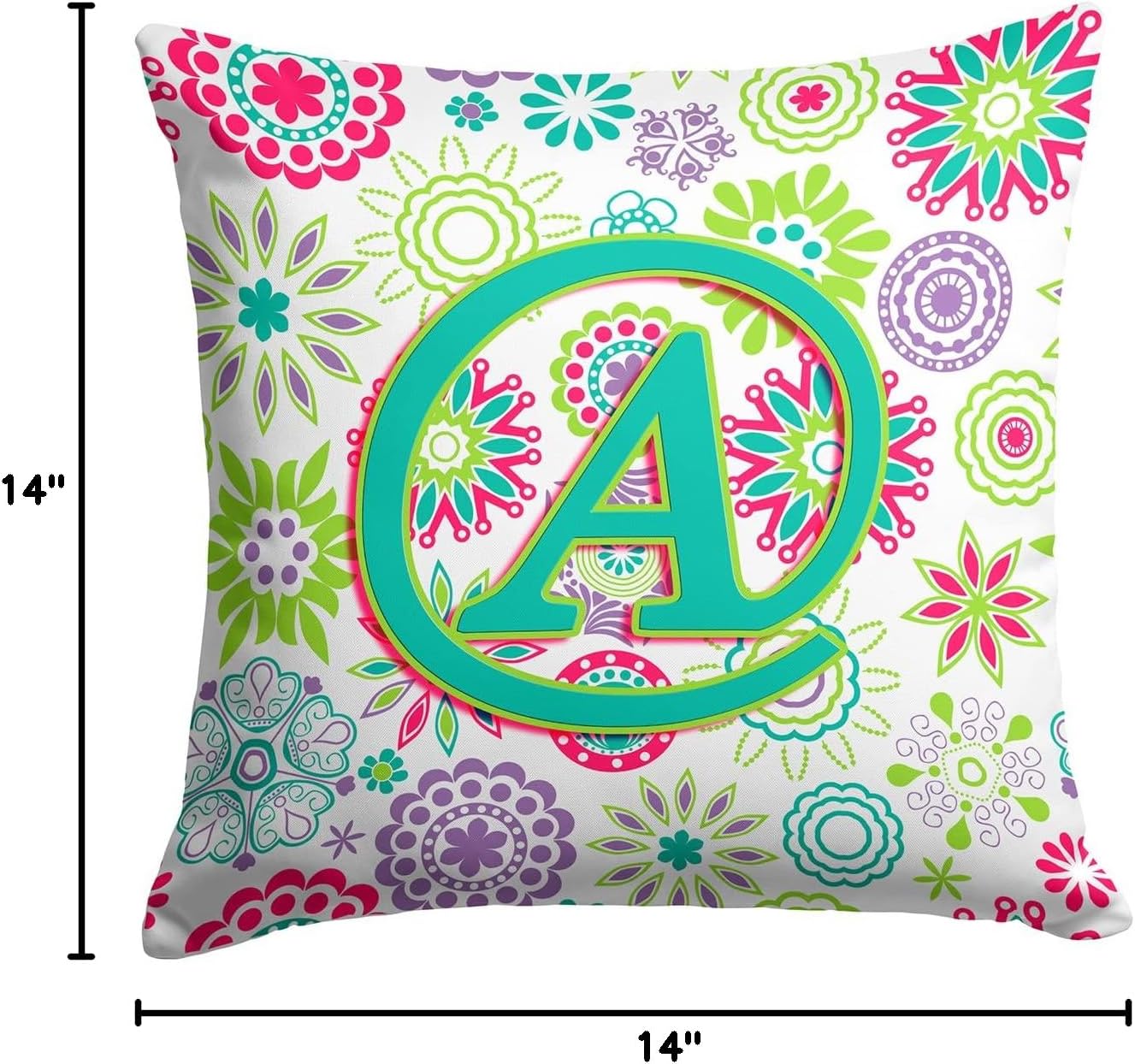 Caroline's Treasures CJ2011-APW1414 Letter A Flowers Pink Teal Green Initial Fabric Decorative Pillow 100% Machine Washable Pillow, Indoor or Outdoor Decorative Throw Pillow for Couch, Bed or Patio