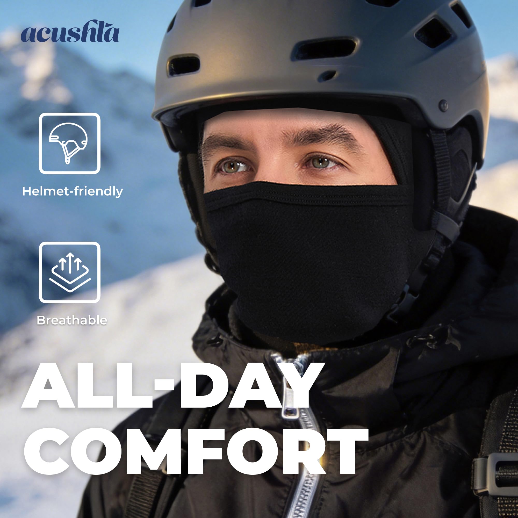ACUSHLA 100% Merino Wool Balaclava for Men & Women - Winter Ski Mask Thermal Cold Weather Gear Knit Warm Face Mask for Motorcycle Running Snowboarding Fishing, Black - 3