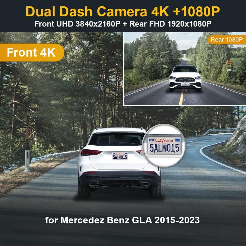 Fitcamx Front 4K+Rear 1080P Dash Cam Adapts for Mercedes-Benz GLA 250 2015-2023 H247 X156 (HD2-1168), OEM Style, 2 Channel HD Video, WiFi Connect&APP, Loop Recording, G-Sensor, Easy to Set, 128GB Card