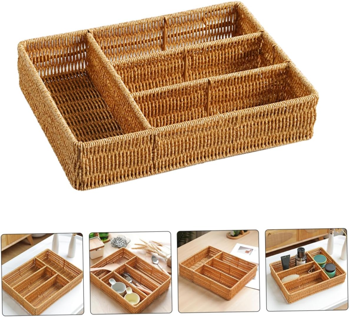 Space-saving Woven Utensils Organizer for Kitchen Desk Compact Storage Basket Dividers for Cutlery Silverware and Cooking Tools