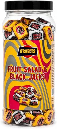 GROBITS - Fruit Salad & Black Jacks Retro Sweets Gift Jar 535g   Original Fruit Salad & Black Jacks Pick & Mix   Traditional British Sweets Sharing Jar for Birthday, Father's Day & Gift Giving