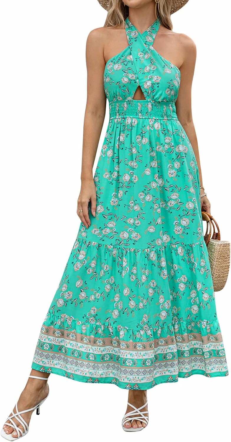 ZESICA Women's 2026 Summer Crossover Halter Neck Sleeveless Plaid Cut Out Backless Flowy A Line Maxi Dress