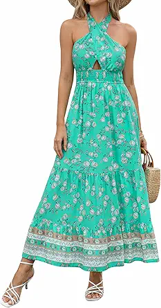 ZESICA Women's Summer Crossover Halter Neck Sleeveless Plaid Cut Out Backless Flowy A Line Maxi Dress