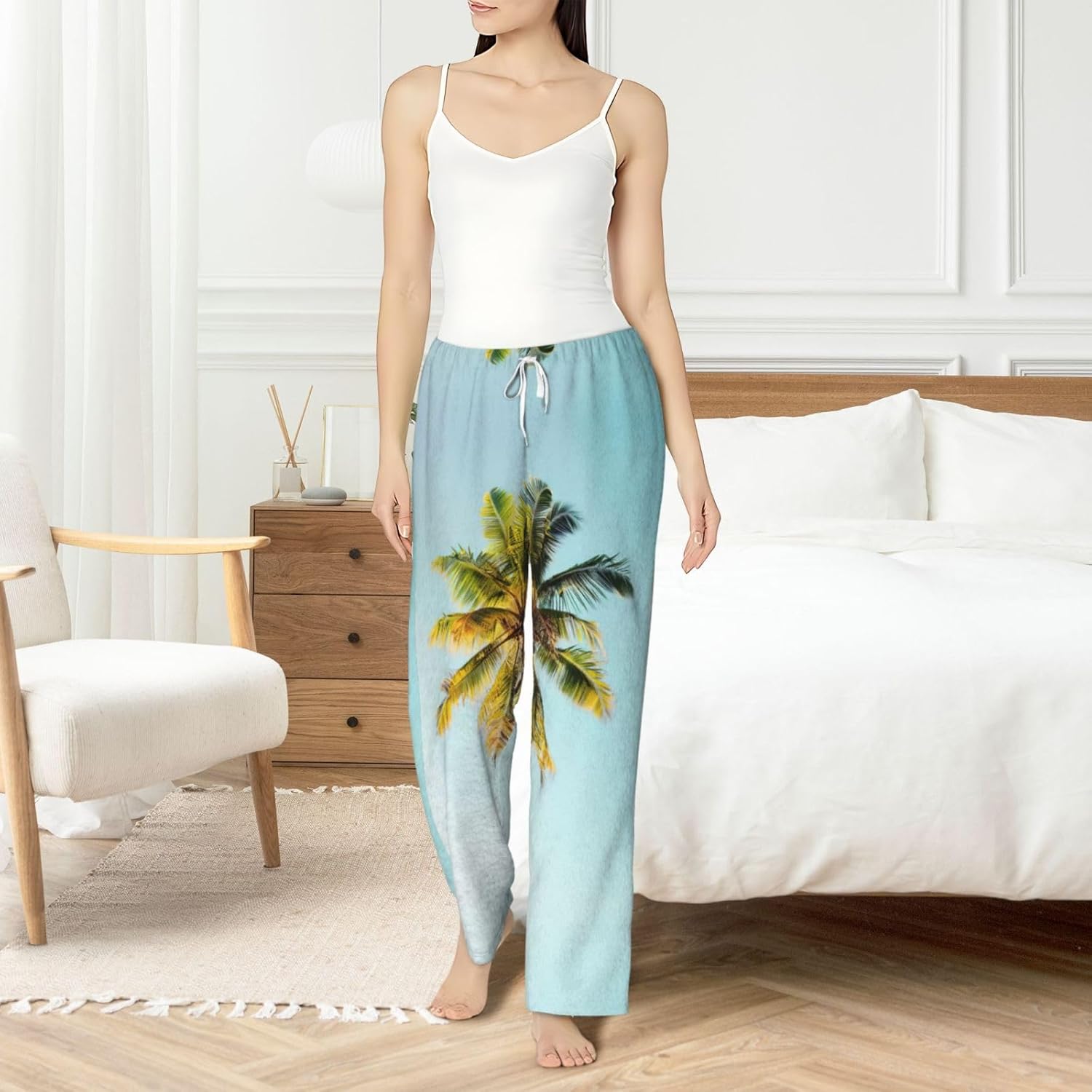 Palm Tree Print Cozy Christmas Pajama Pants,Flannel Pajama Bottoms,Cater To Various Body Types