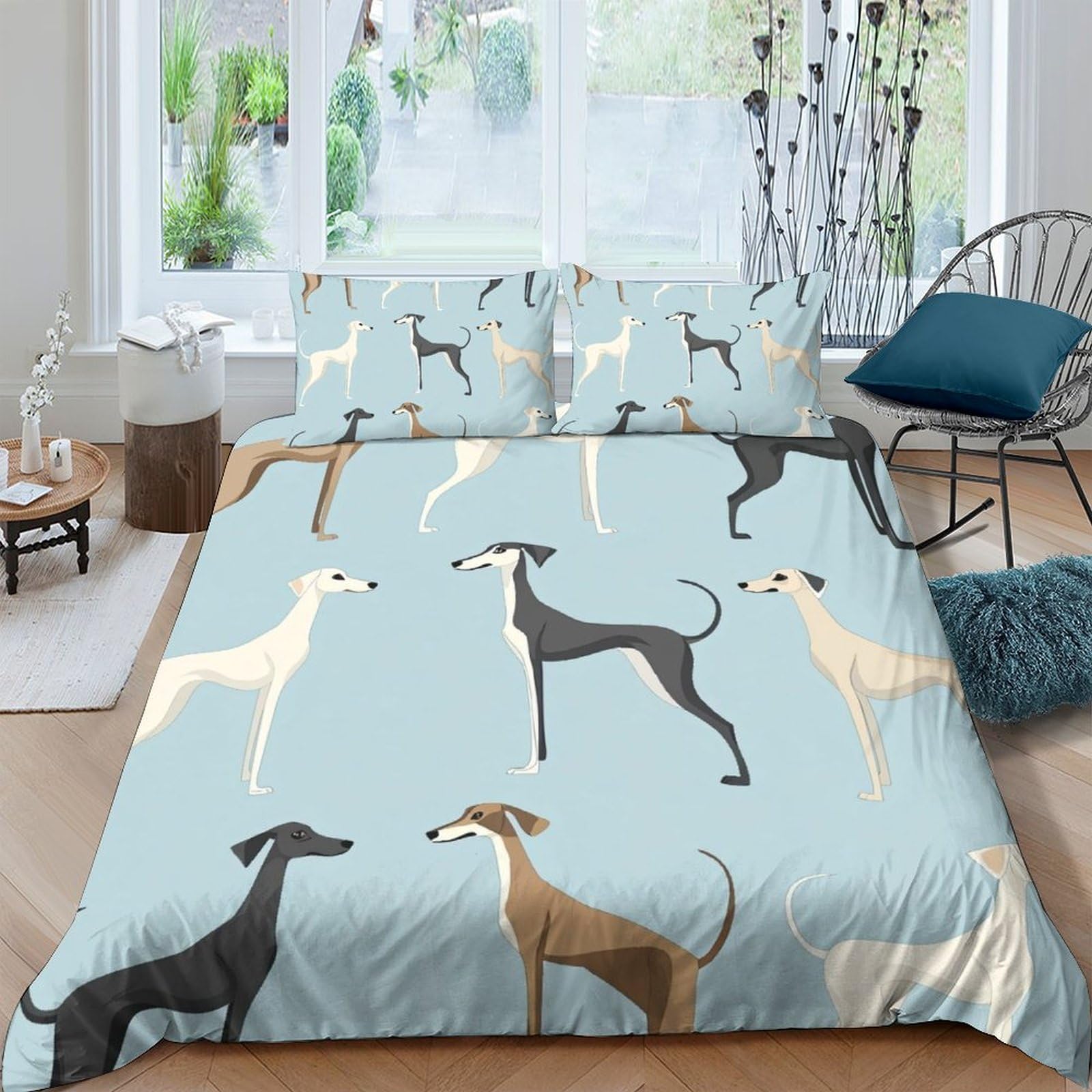 Ctjqhvkz Style-6 3D Printed Whippet Dog Fitted Sheet Microfiber Soft Blue Greyhound Mattress Cover For Bedroom Guest Room Decor Single（135X200cm）