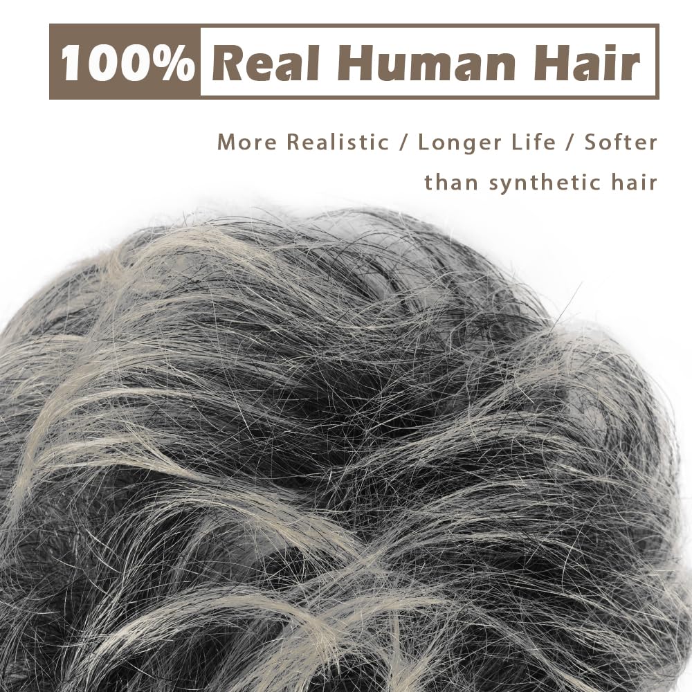 BARSDAR Humanos Moños Postizos, Natural Humano Moño Postizo de Pelo Extensiones para Mujer Gris Postizos Pelo Bun Extensiones de Cabello Desordenado Updo Postiza - Gris Mixto
