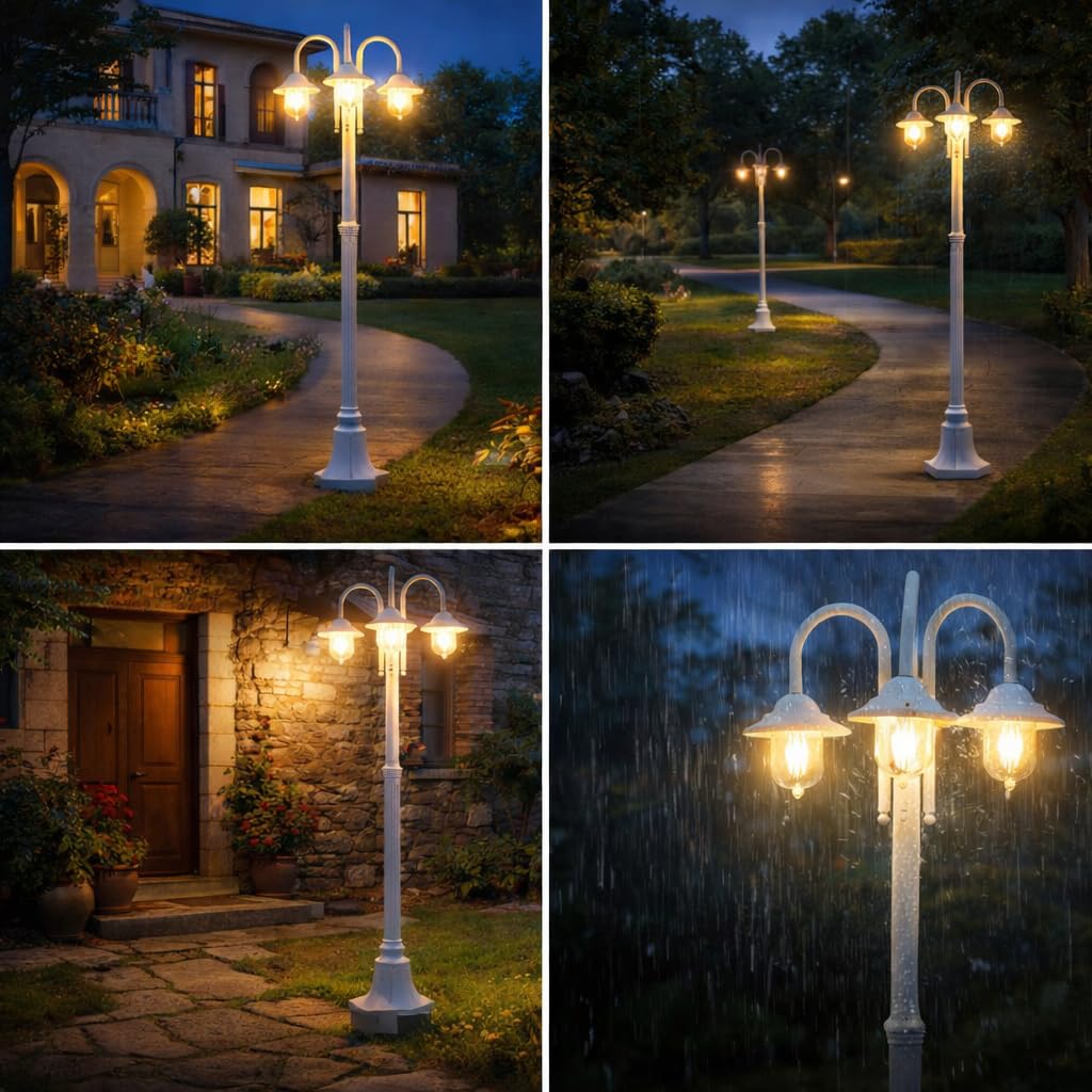 Dopa Lampione da giardino esterno (3 luci E27) con lanterna classica stile moderno, lampioni IP54 elegante palo luce Lampada esterni policarbonato 210 cm max 60W (Bianco)