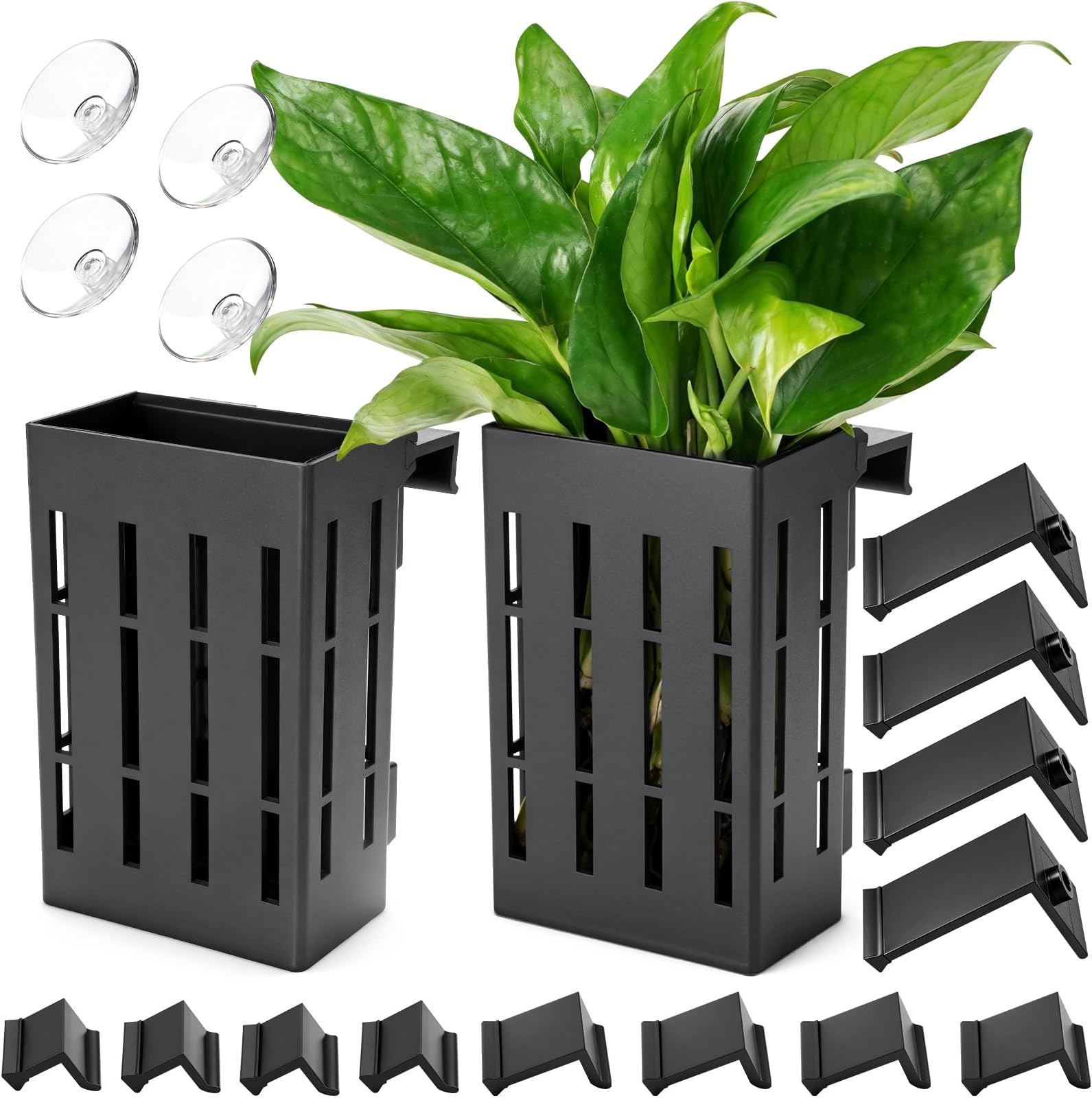 Borlech Upgraded Large Aquarium Plant Holder with Hooks and Suction Cups for Fish Tank Aquaponic Plant Cultivation and Aquascape Decorations (Black)