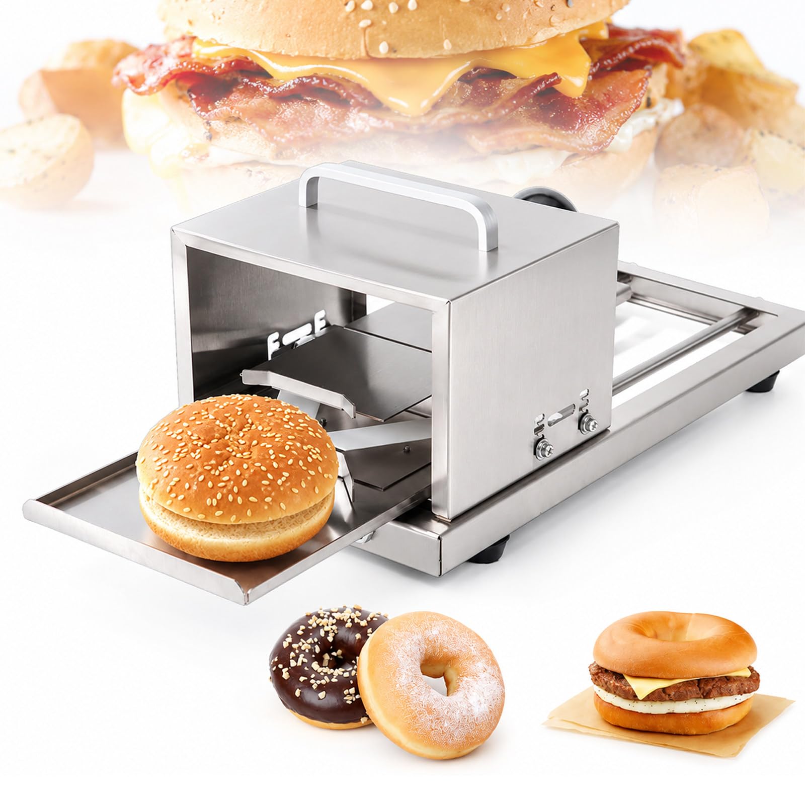 MIAOXIAOLONG Manual Hamburger Bun Cutter & Bagel Slicer – Premium Stainless Steel Bread Guillotine, 4 Adjustable Thicknesses, Fits Bagels, Muffins & Buns Up to 5.1" Diameter