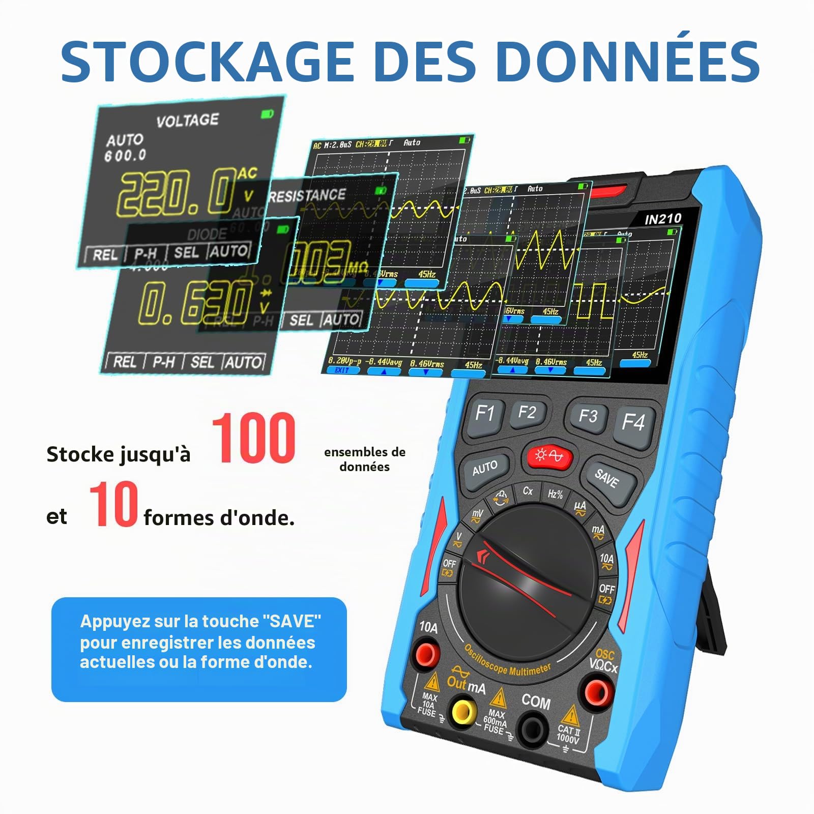 IN210 Multimètre Oscilloscope Numérique – 12MHz, 50Msps,6000 Comptes, True RMS, Générateur de Signaux, Écran 2,4", pour Réparation Électronique, Laboratoire, Bricolage et Formation