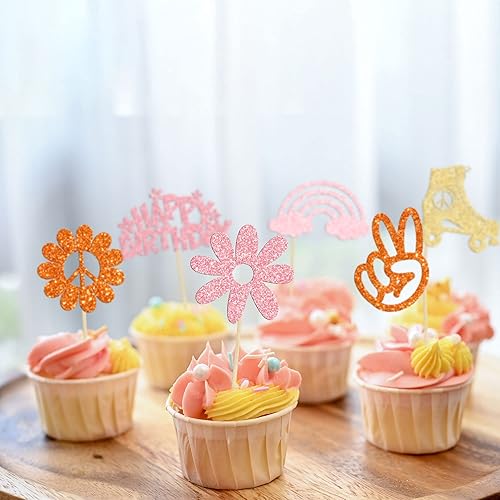 Miniatura 3 de Gyufise 24 piezas de decoración hippie para cupcakes con purpurina de los años 60, retro, bohemio, flor, sol, paz, mano, dos geniales selecciones de