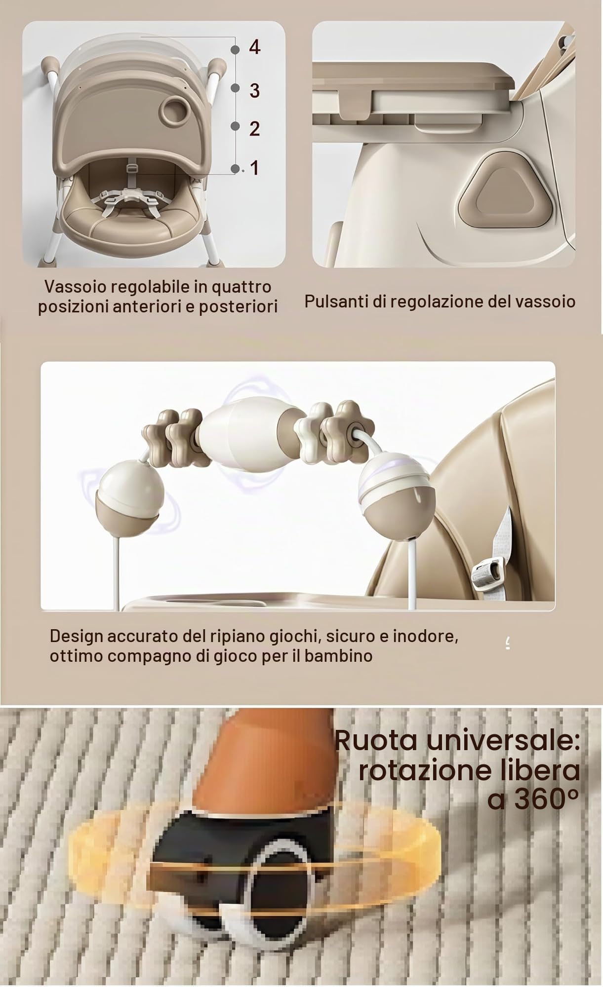 Magic ZC Seggiolone per Bambini Sedia da Pranzo per Multifunzionale Pappa con modalità oscillazione e Schienale regolabile a 3 velocità con Doppi Vassoi Staccabili e Ruote (560 Khaki)