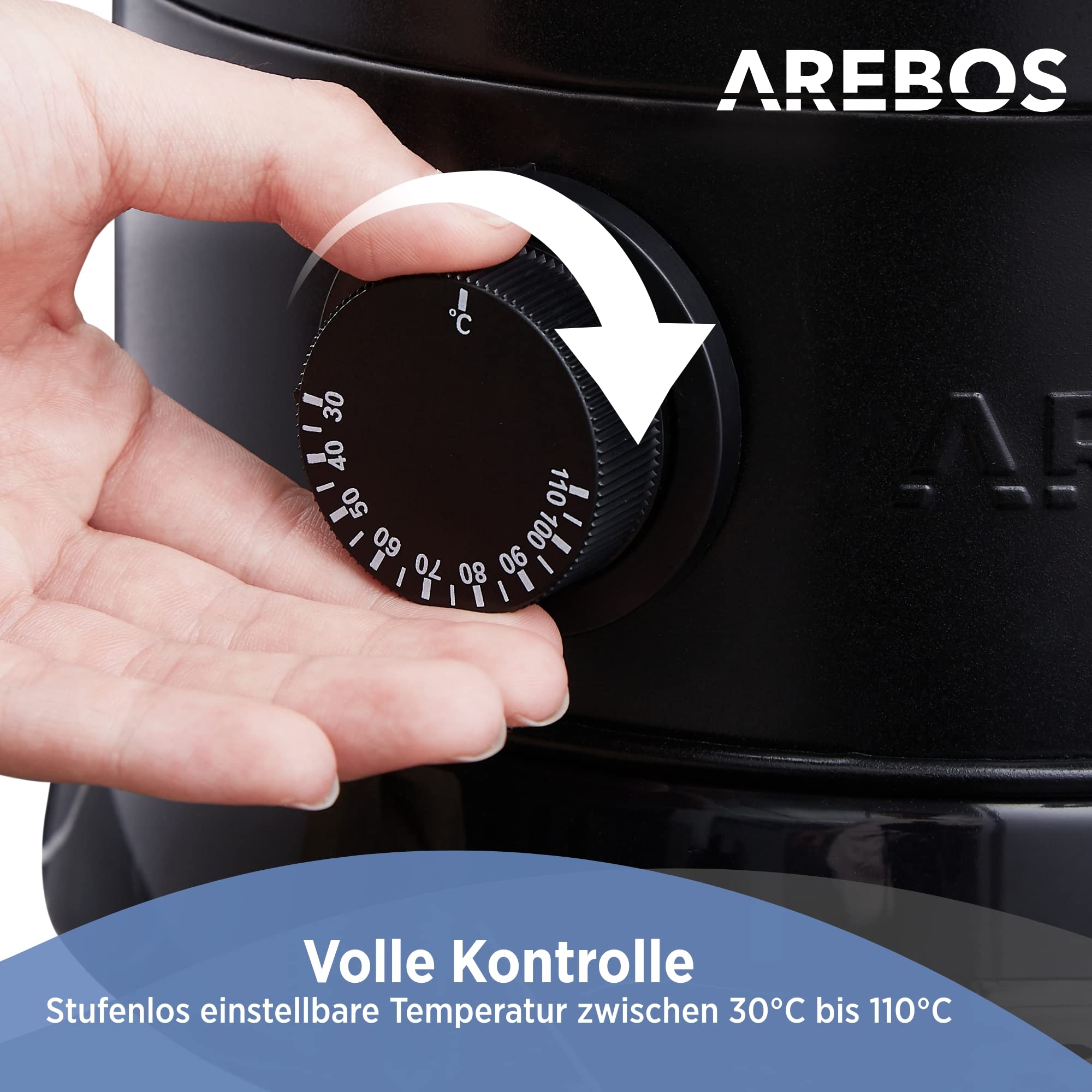 Arebos Glühweinkocher 950 W | Heißgetränkespender | 6,8 L | mit Auffangschale, Auslasshahn, Thermostat und Überhitzungsschutz | Temperatureinstellung von 30-110 °C | Schwarz