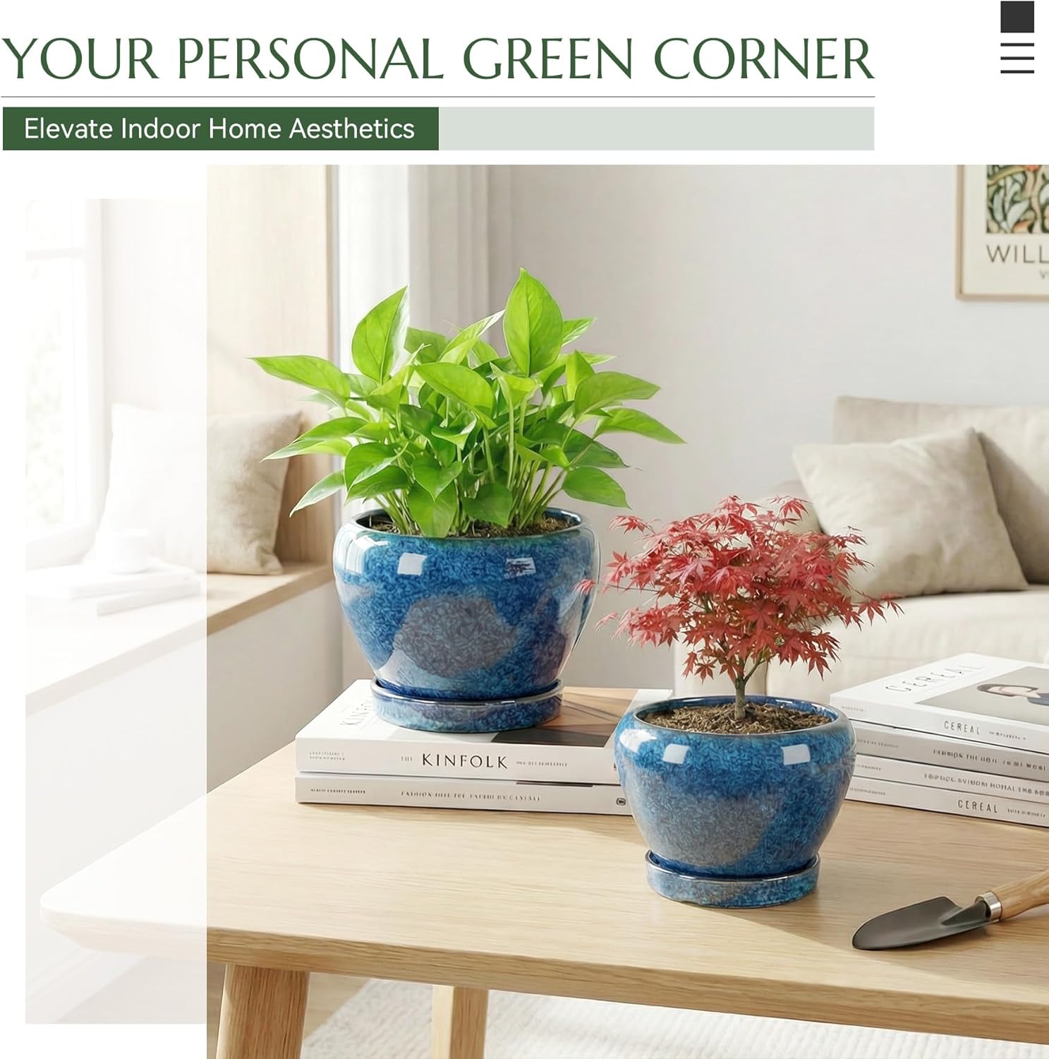 8.3 Inch Ceramic Planter with Saucer Leak-Proof Mesh &Drainage, Round Plant Pot with Gardening Gloves for Indoor Outdoor Plants (Sapphire Blue Glaze)