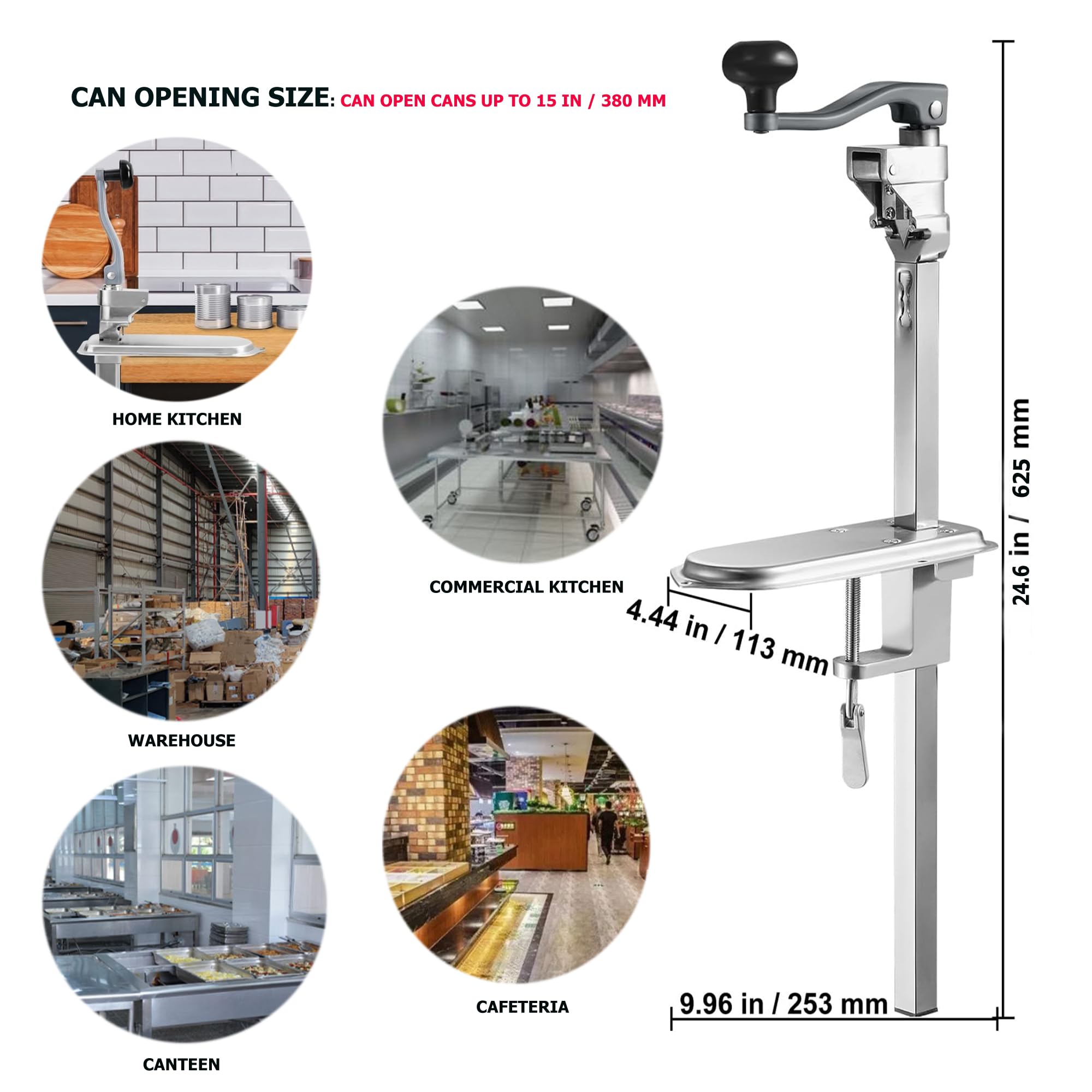 Manueller Dosenöffner, Robust, 62,5 cm, Für Große Dosen Bis Zu 45 cm, Industrieller Tisch-Dosenöffner Mit Austauschbarer Edelstahlklinge, Silber, Für Restaurants, Bars, Kantinen