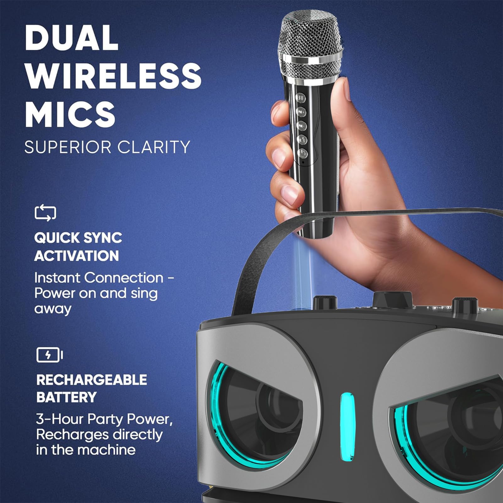 Dilwe Karaoke, altoparlante Bluetooth portatile con 2 microfoni wireless RGB effetti di luce per feste a casa all'aperto (grigio)