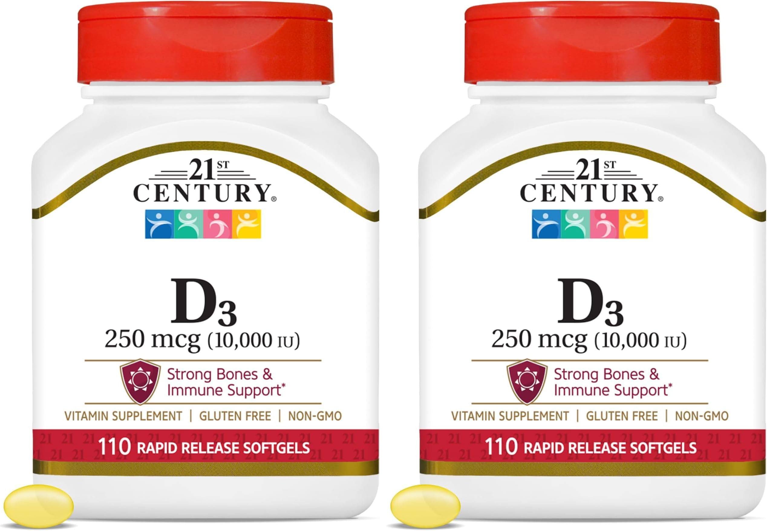 21st Century Vitamin D3 250 mcg (10,000 IU) Rapid Release Softgels, 110 Count (Pack of 2)