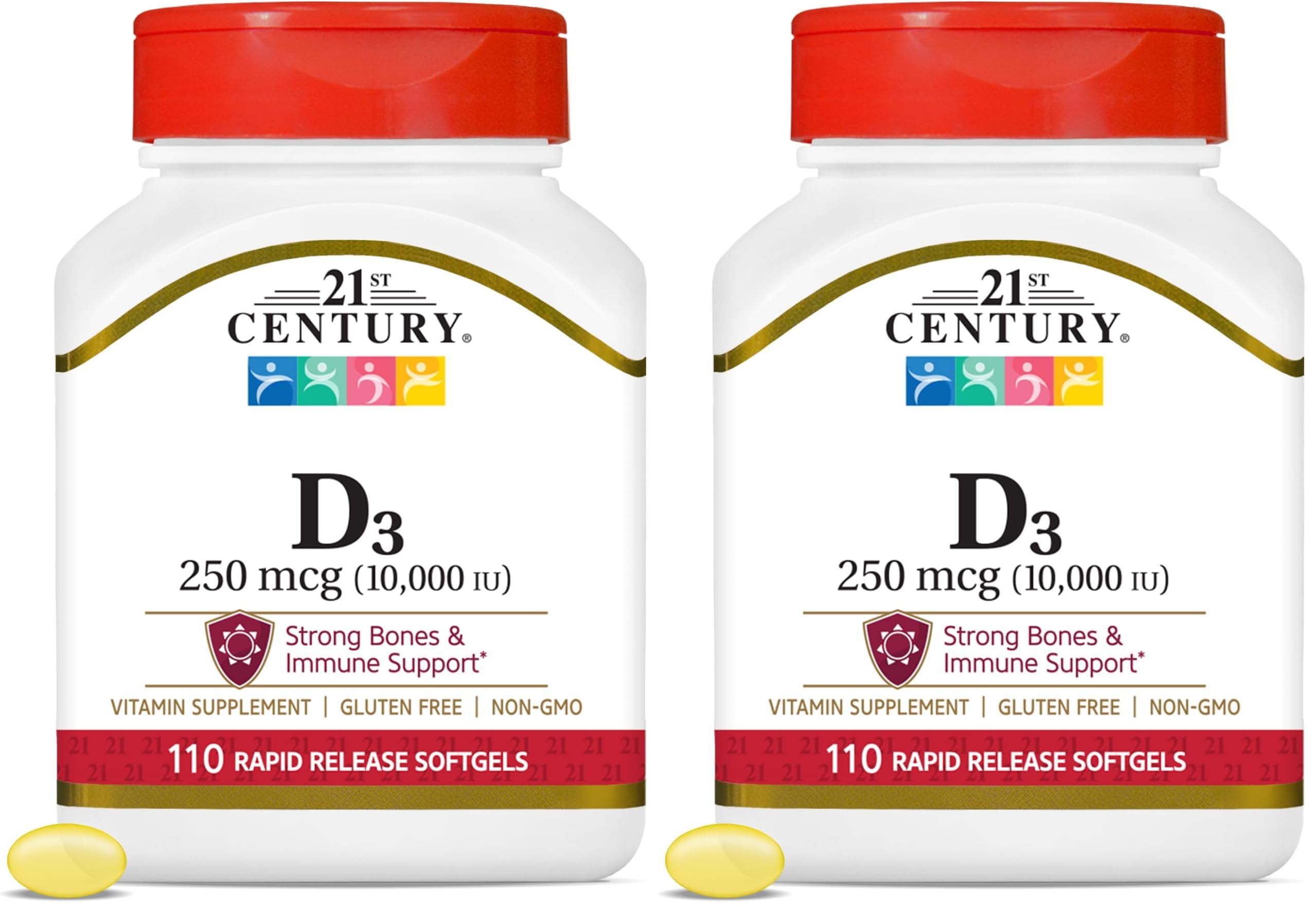 21st Century Vitamin D3 250 mcg (10,000 IU) Rapid Release Softgels, 110 Count (Pack of 2)