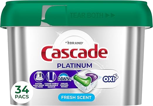 Cascade Platinum + Oxi Dishwasher Pods, Dishwasher Detergent, Dish Detergent Soap, Fresh, 34 Count