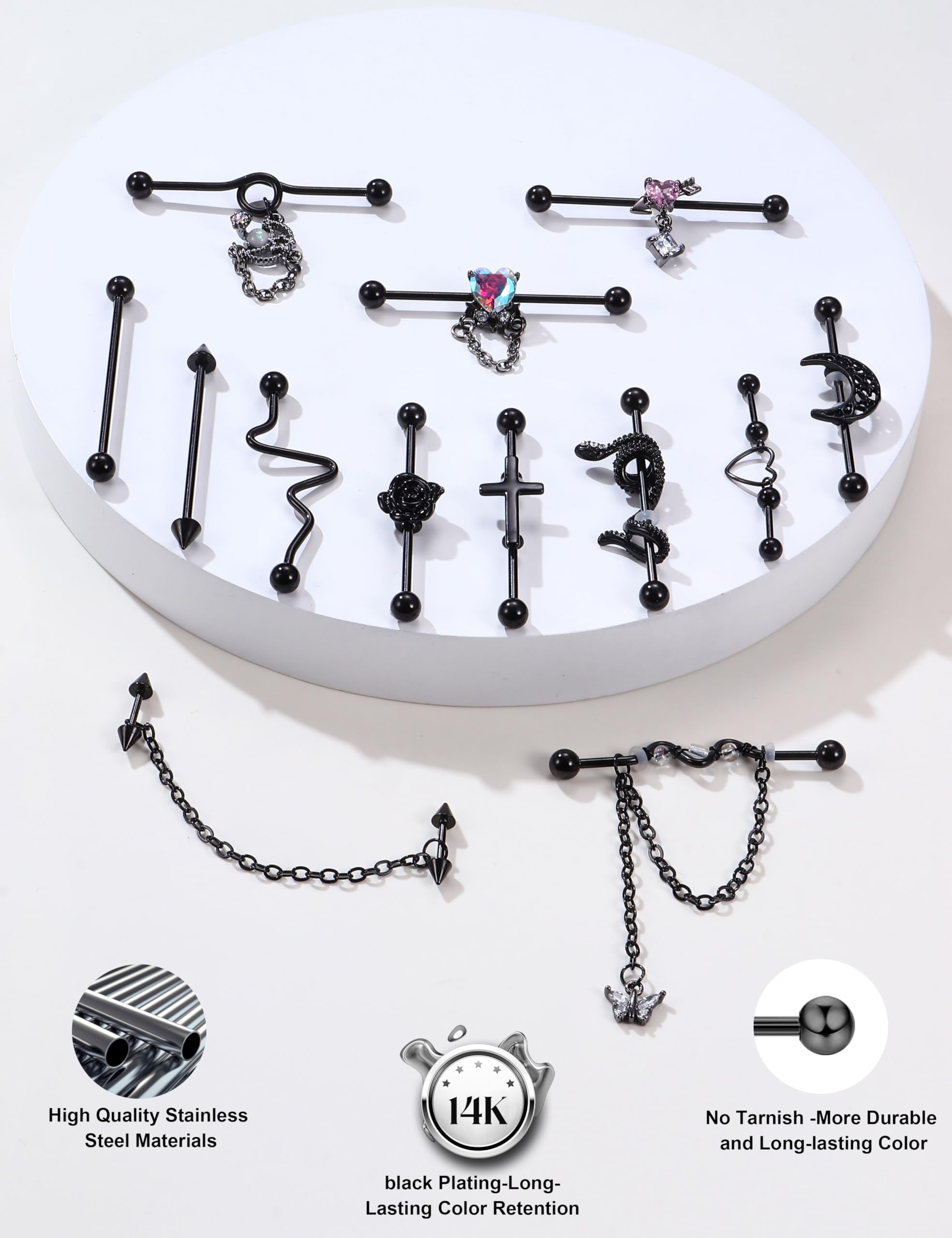 ORAZIO 13PCS Industrial Piercing Jewelry Surgical Steel 14G Industrial Earrings Barbell with Chain Snake Moon Cartilage Helix Piercing Earrings Industrial Bar Jewelry for Women Men