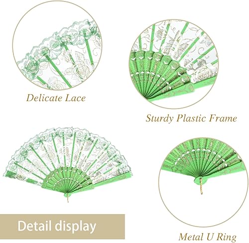 Miniatura 2 de QIRMIZI 10 abanicos plegables de encaje rosa, abanicos de mano plegables de seda, perfectos para bodas, fiestas y bailes, verde