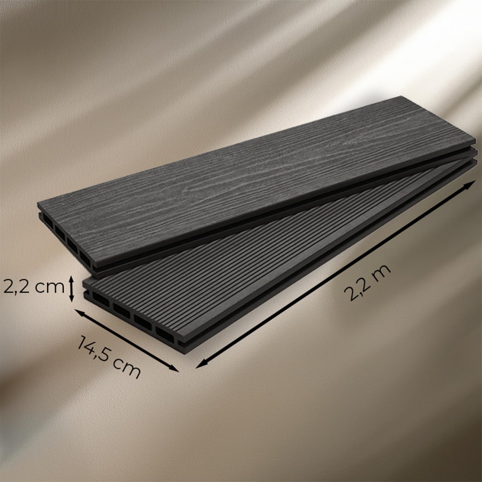 YOEVU | Lama de composite WPC | 2,2m x 14,5cm x 2,2cm, Gris | Resistente a la intemperie, antideslizante, fácil de instalar | Para terrazas y exteriores