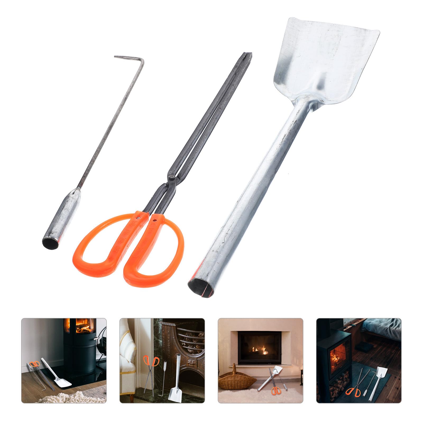 VALICLUD Set Attrezzi per Caminetto 3 Pezzi Pala a Mano in Ferro, Gancio e Pinze Ergonomiche per Legna e Cenere, Accessori Antincendio Domestici Multiuso per Riscaldamento Casa e Giardino