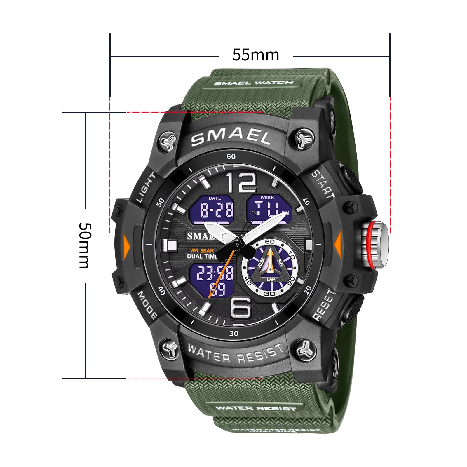 SMAEL 8007 - Reloj deportivo digital para hombre, reloj de pulsera con movimiento dual de cuarzo (verde militar), Verde militar.