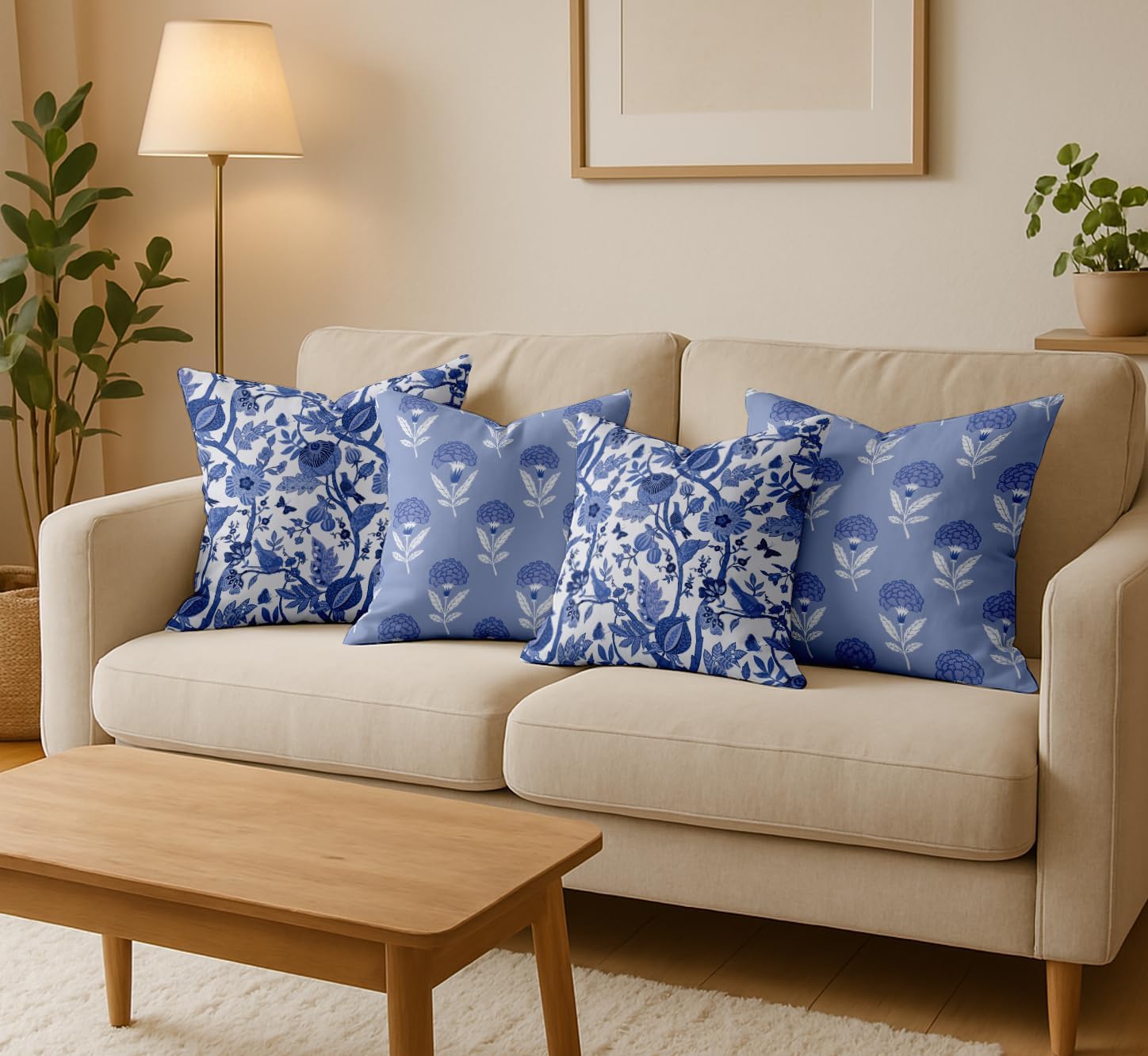 16x16, Cotton Cushion Covers Set of 4 Printed Throw Pillow Covers with Hidden Zip, Double Sided Design - Blue, Floral Design