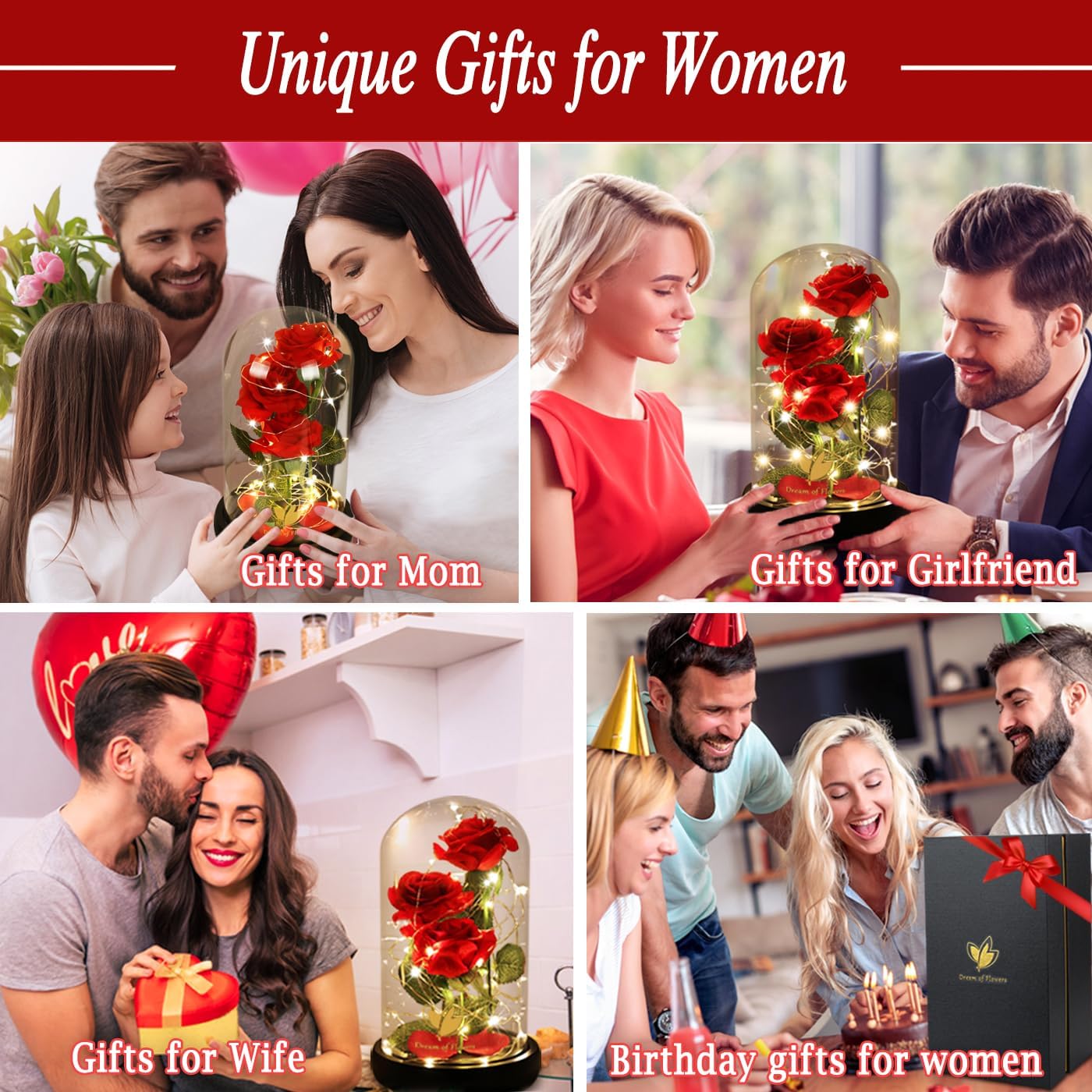 Valentines Day Gifts for Her,Beauty and The Beast Rose in Glass Dome,Anniversary Rose Gifts for Wife,Valentines Flowers Birthday Gifts for Women,Romantic Red Silk Rose Flower Gifts for Women - Image 4