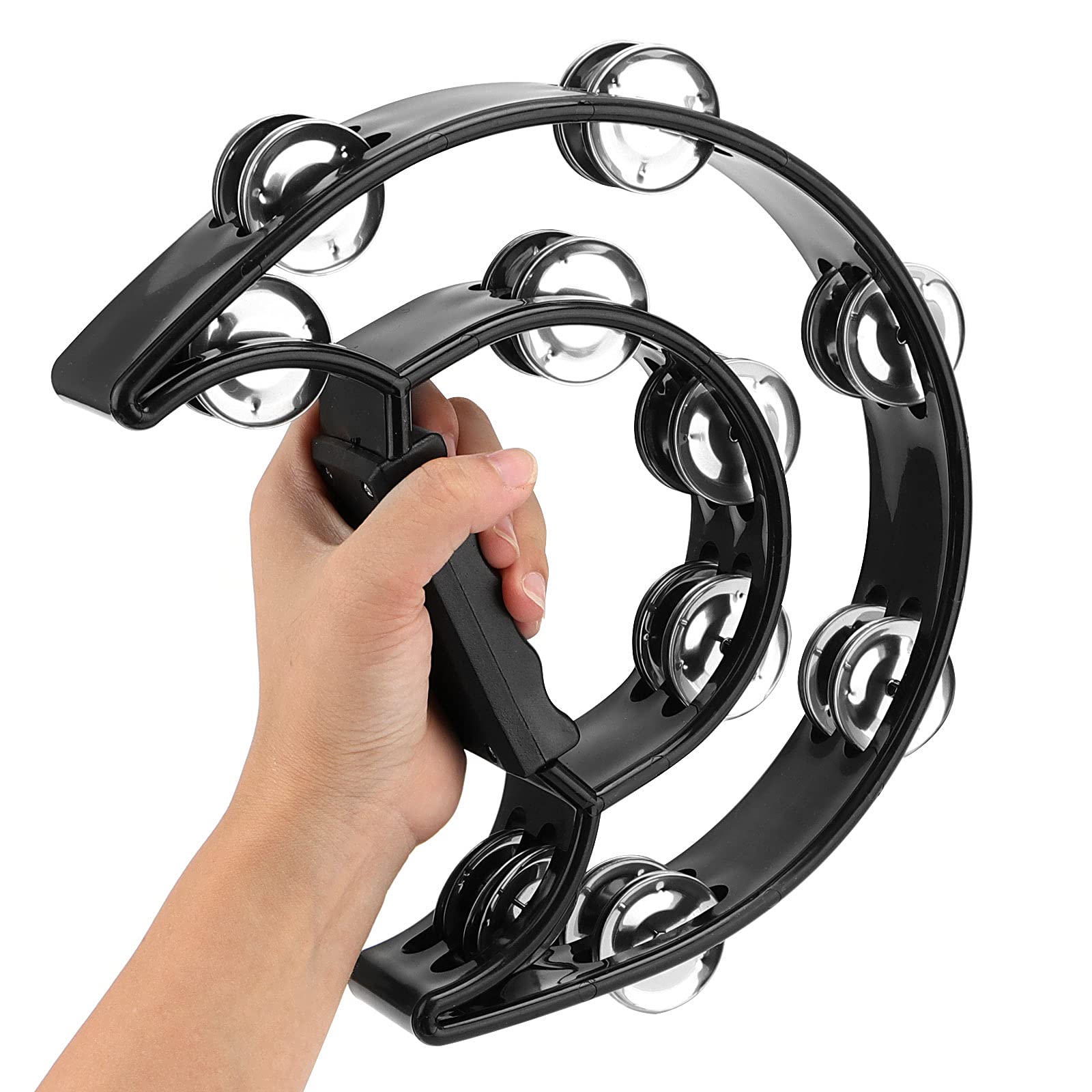 JOIKIT Lot de 4 tambourins musicaux à double rangée de 22,9 cm, demi-lune, jingles en métal pour adultes, église, fête, karaoké, bar, cadeau, noir
