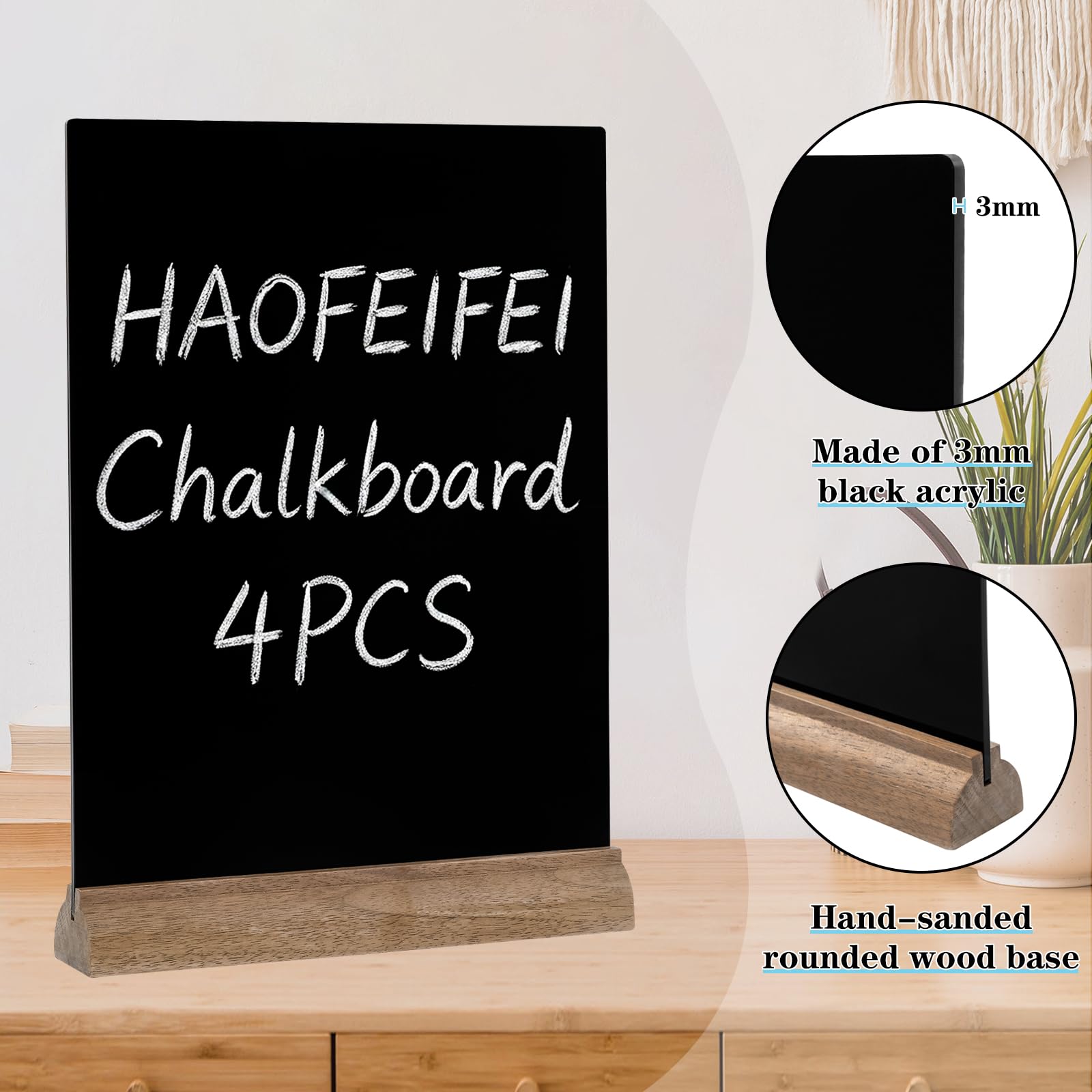 4 Piezas Pizarra Negra A4 Acrílico 3mm con Base Madera, Doble Cara Lisa/Rugosa, Horizontal/Vertical, Borrable Paño Húmedo, Cartel Mesa para Bar Restaurante Tienda