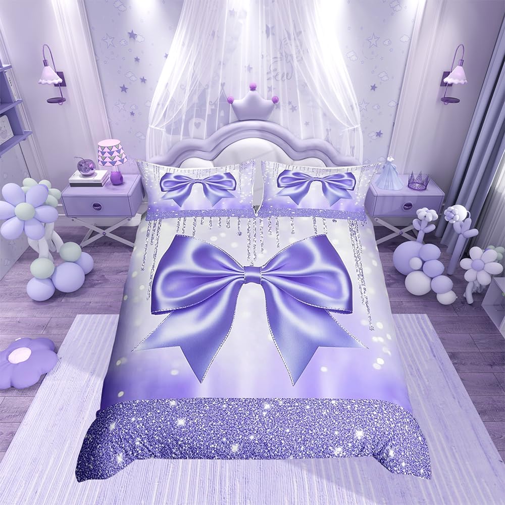Loussiesd Kids Cute Bowknot Bedding Set Super King Dreamy Princess Duvet Cover Boys Girls Glitter Comforter Cover Watercolor Bow Teens Bedspread Cover Soft 3Pcs