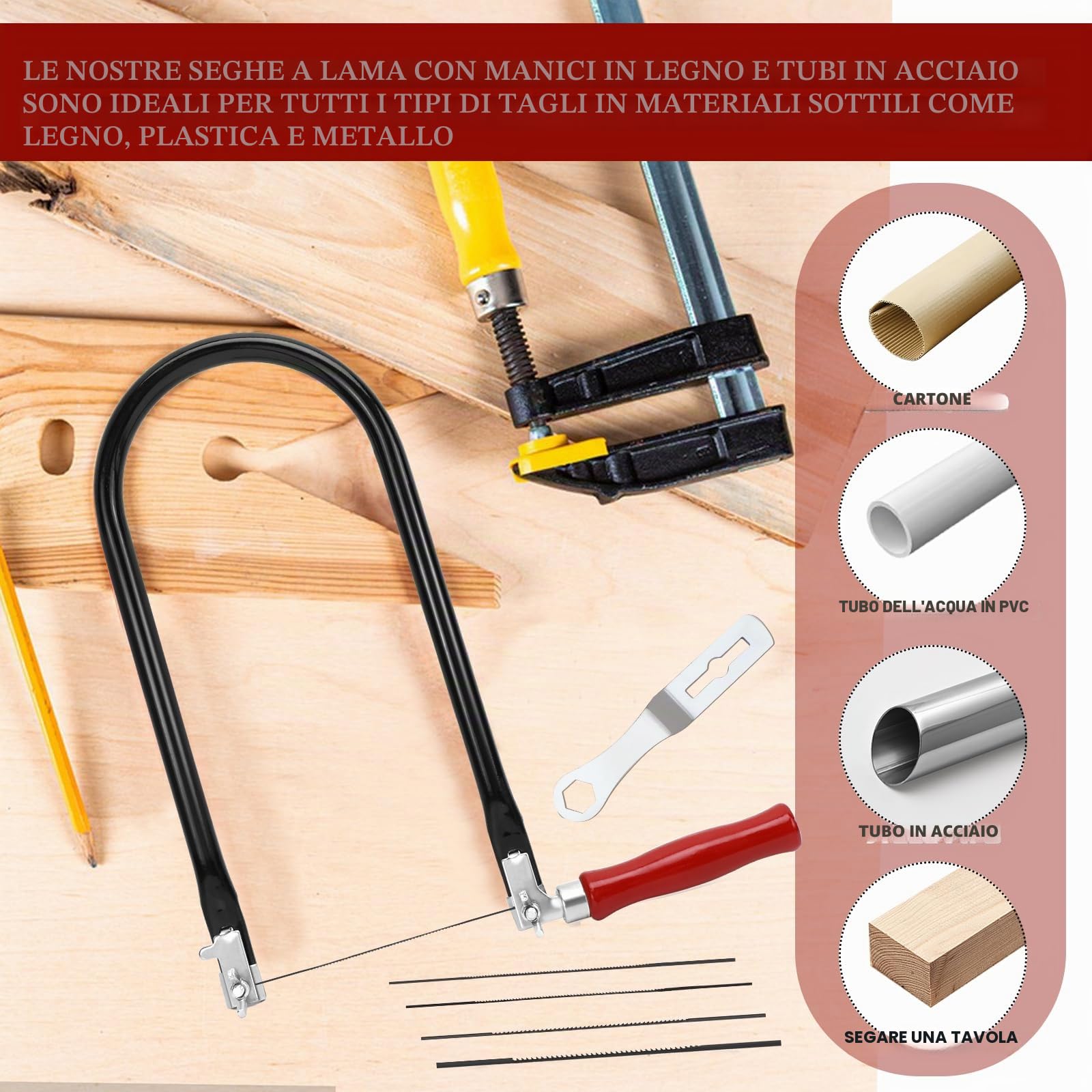 Set di Seghetti da Traforo Comprendente 4 Lame per Seghe (4#6#8#10#) Chiave di Montaggio e Archetto per Seghetti da Traforo per Metallo e Legno Sega da Ferro Piccola Girevole a 360 Gradi