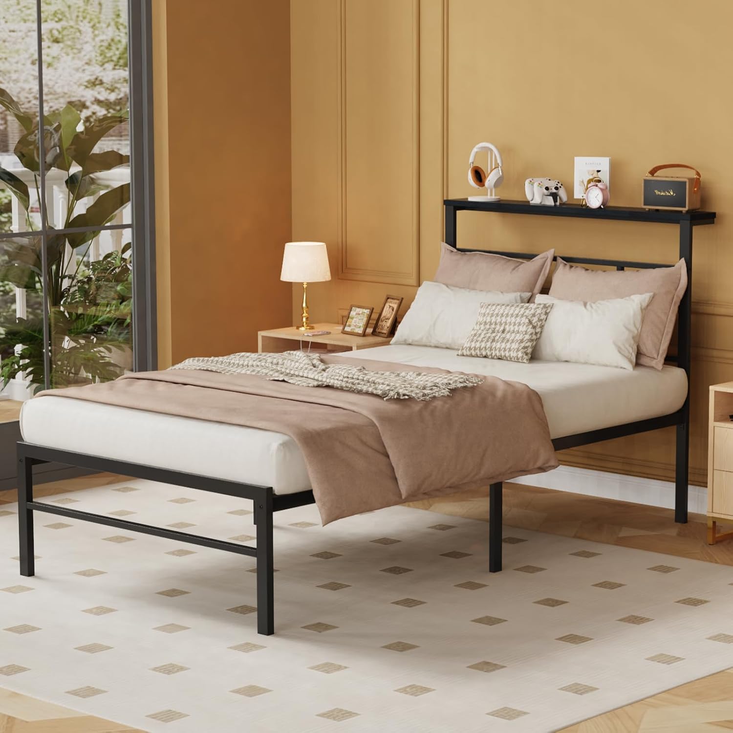 TFK Twin Bed Frames with Headboard, Twin Size Bed Frame with Underbed Storage Space, Heavy Duty Sturdy Twin Metal Bed Frame, Easy Assembly, No Box Spring Needed, Black