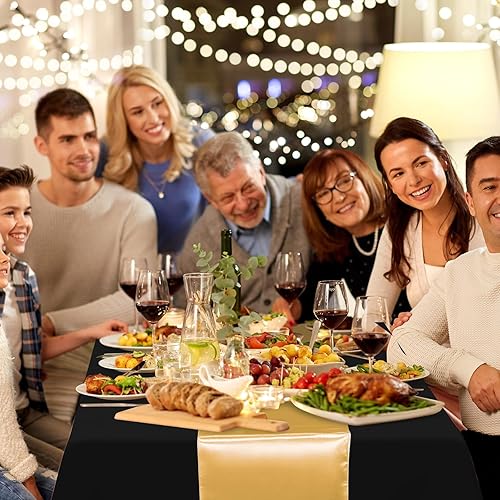 Miniatura 8 de Juego de 12 manteles de satén de 12 x 108 pulgadas y manteles de plástico de 53 x 108 pulgadas, manteles rectangulares desechables en negro y dorado