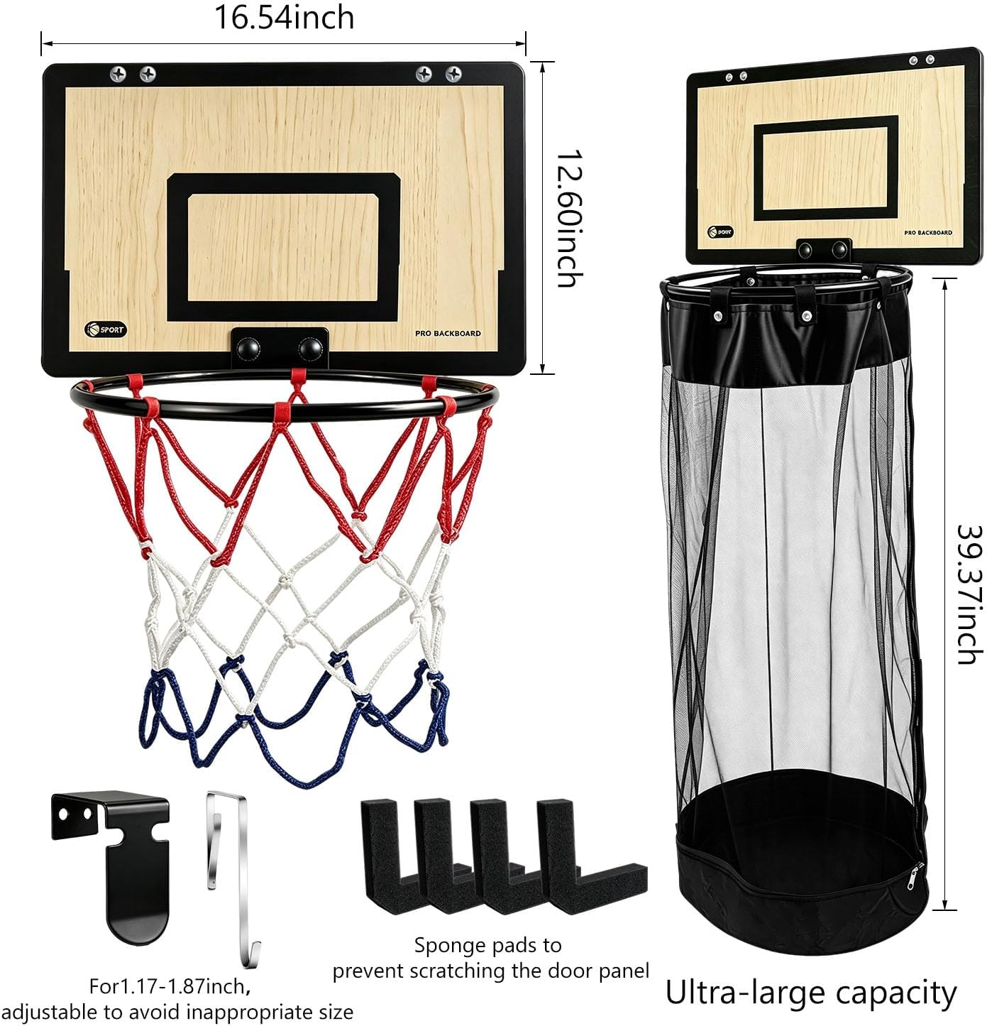 Wooden Basketball Laundry Hamper, Over-the-Door Hoop Laundry Basket