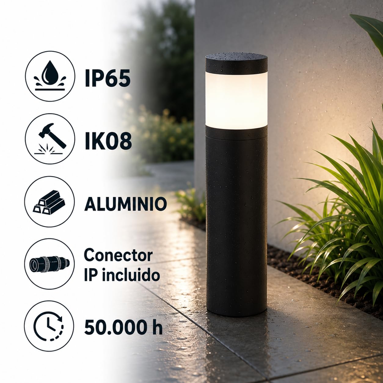 Ikona Lámpara de Jardín Exterior, Negro, LED SMD 7W | Aluminio, 3000 K/4000 K, IP65, Ideal para Jardines y Terrazas