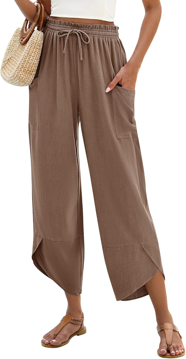 LOMON Women Linen Palazzo Pants Boho Wide Leg Elastic Waisted Casual Capri Pant Summer Harem Lounge with Pockets