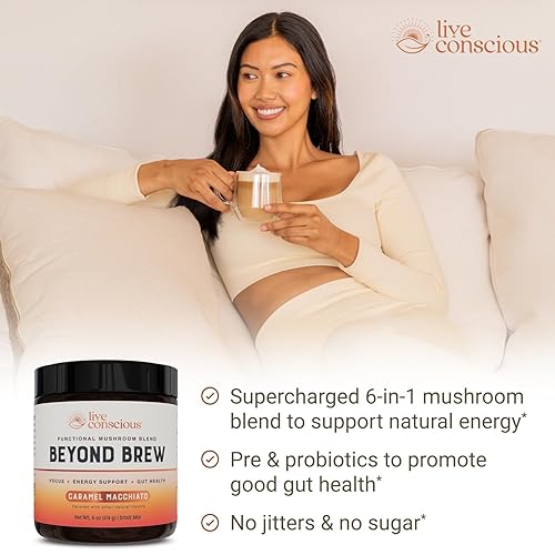 Miniatura 15 de Live Conscious Beyond Brew - Alternativa al café - Baja cafeína - Complejo de hongos con melena de león, Reishi, Cordyceps y Chaga para un enfoque