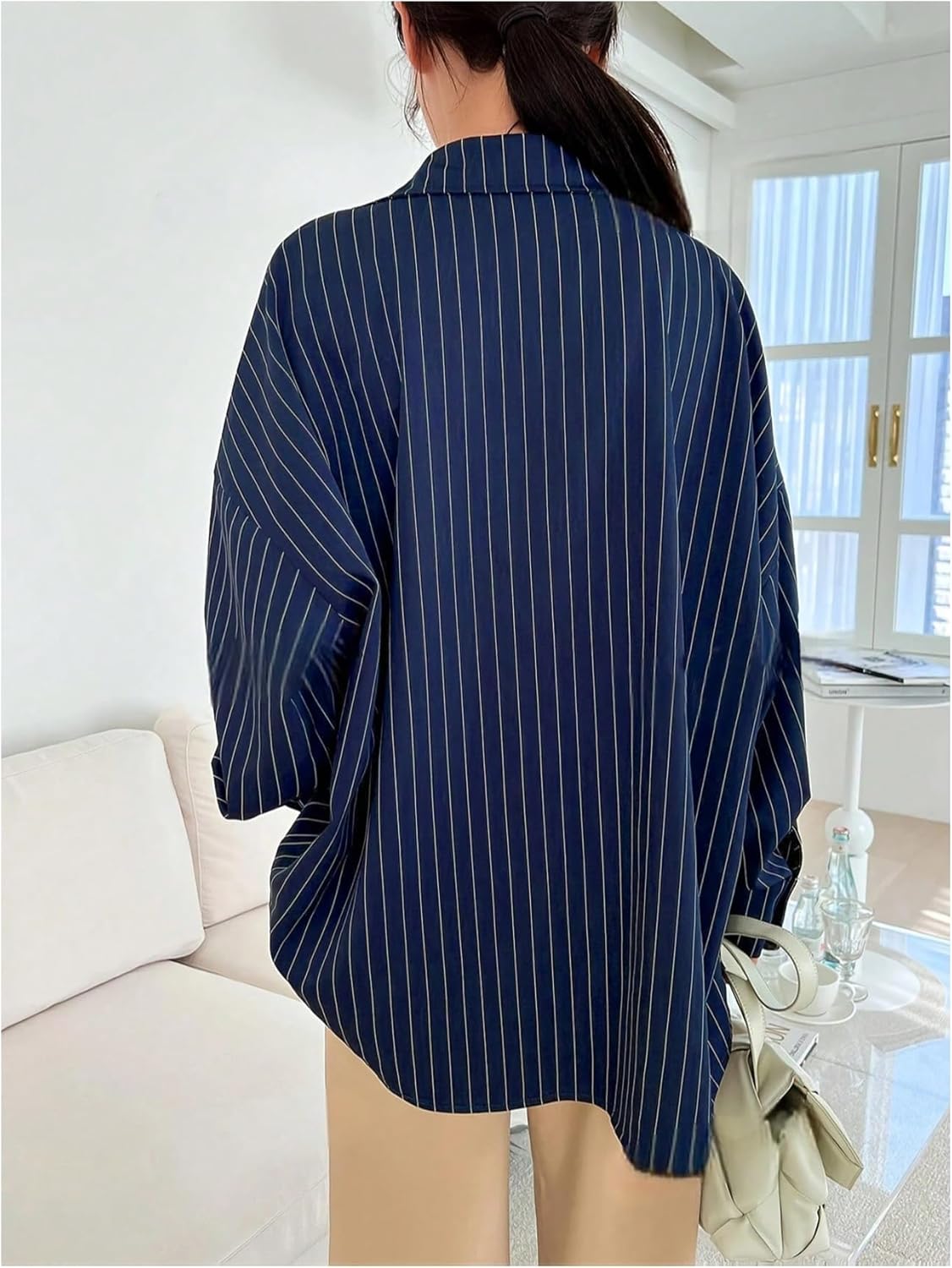GORGLITTER Women's Oversized Striped Button Down Shirts Boyfriend Dressy Casual Long Sleeve Collared Work Blouses Tops - Image 2