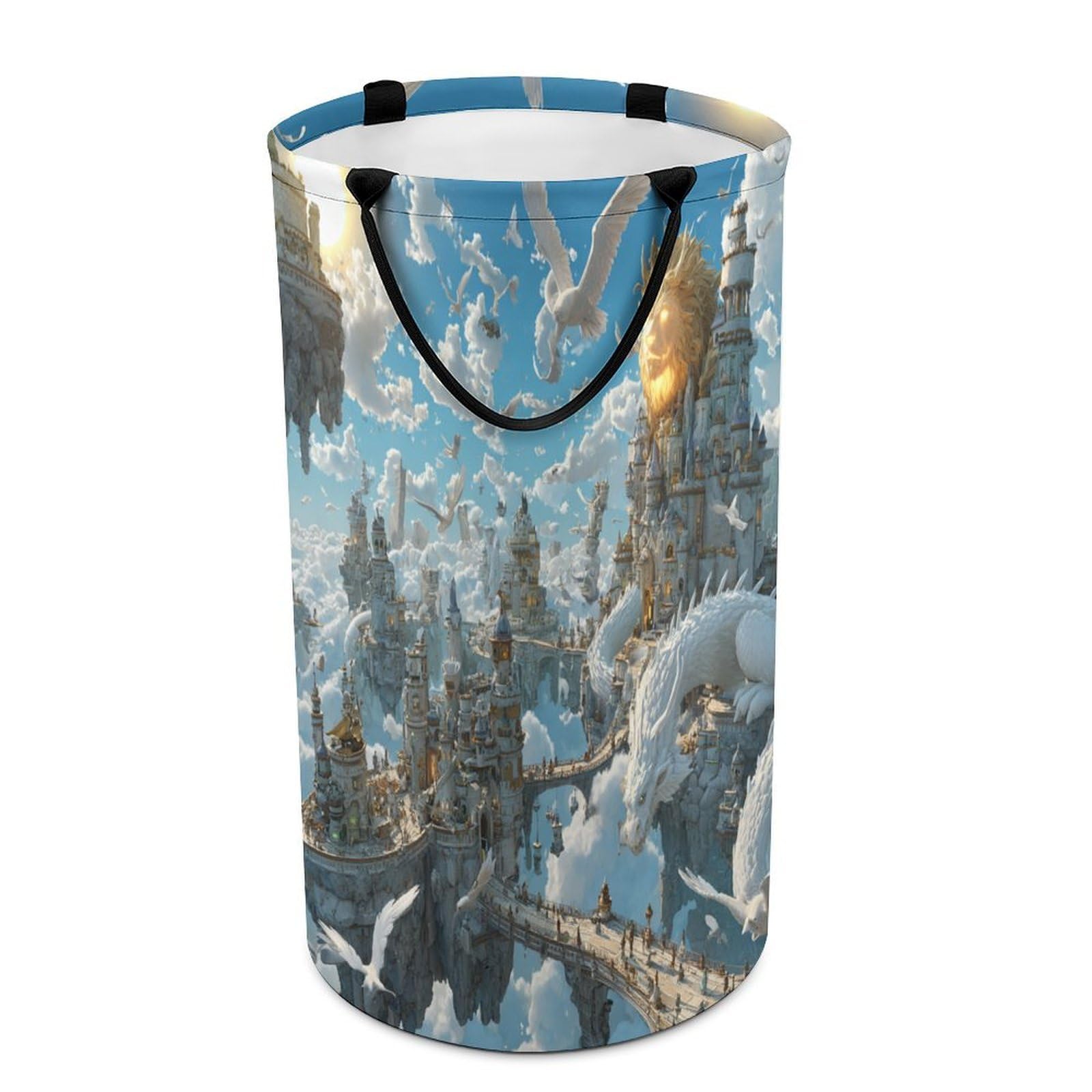 LUYYSKY Rustic Mysterious Fantasy Dragon Collapsible Dirty Clothes Basket, Beautiful Realistic Enchanted Castle Animal Bird Lion Portable Clothes Storage Laundry Basket-40 CM Dia, 69 CM High