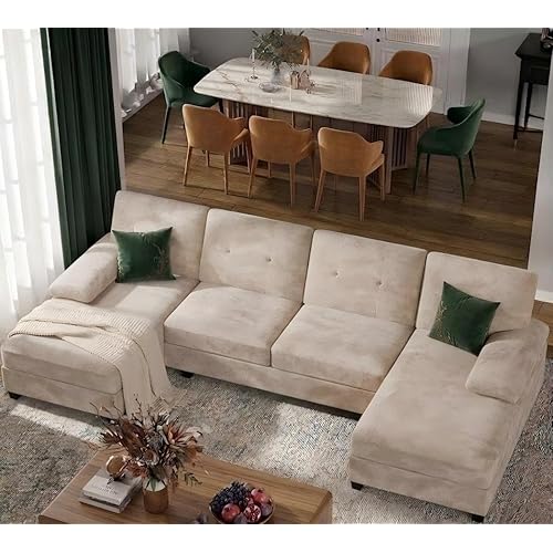 U-Shaped Sectional Couches for Living Room, 4 Seat Sofa with Double Chaise Lounges,Solid Wood Frame Sectional Sofa for Apartment,Beige