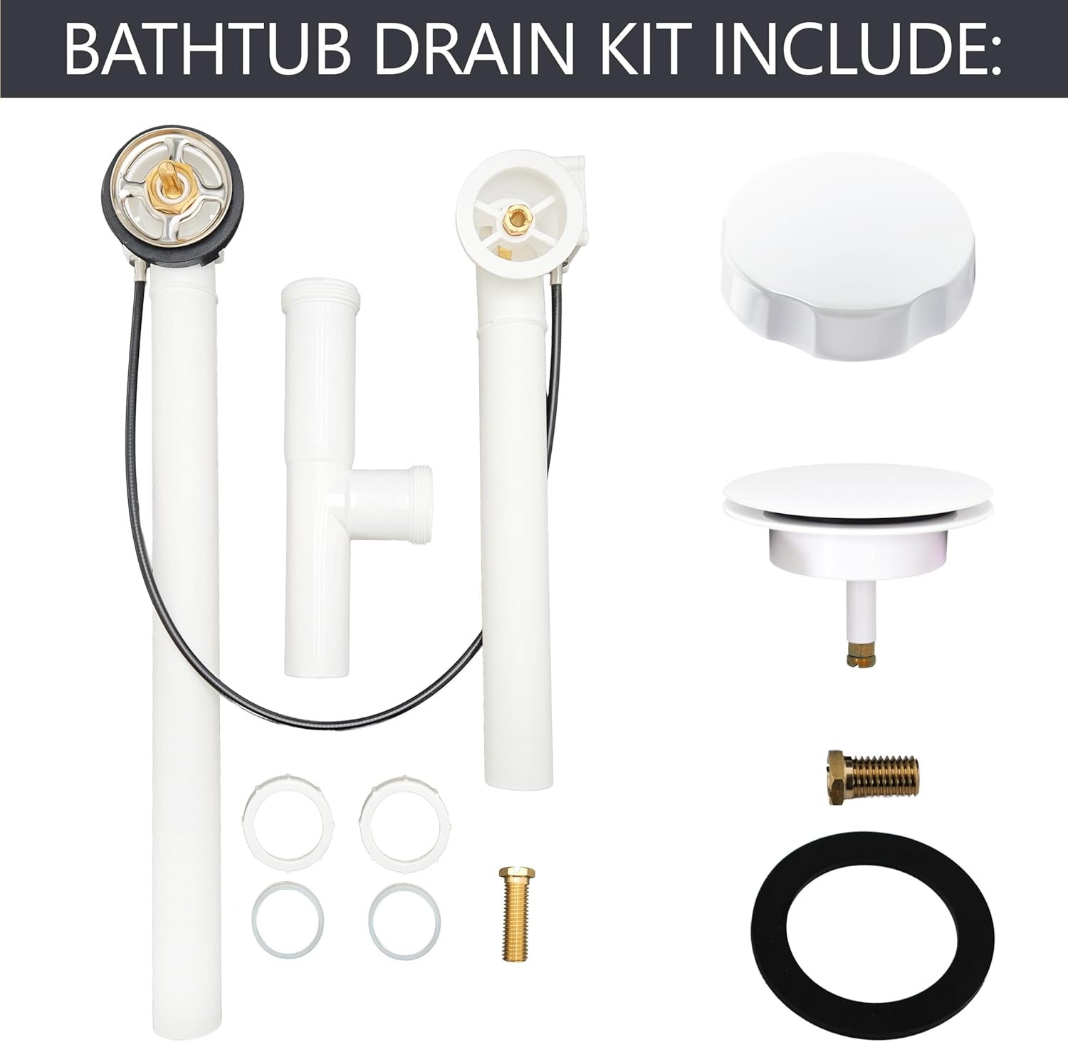 Westbrass A50P35TLE-50 35" Cable Drive Bath Drain Trim Kit with Rotary Overflow Cover Knob, European Stopper and Poly Tubular Pipes, White